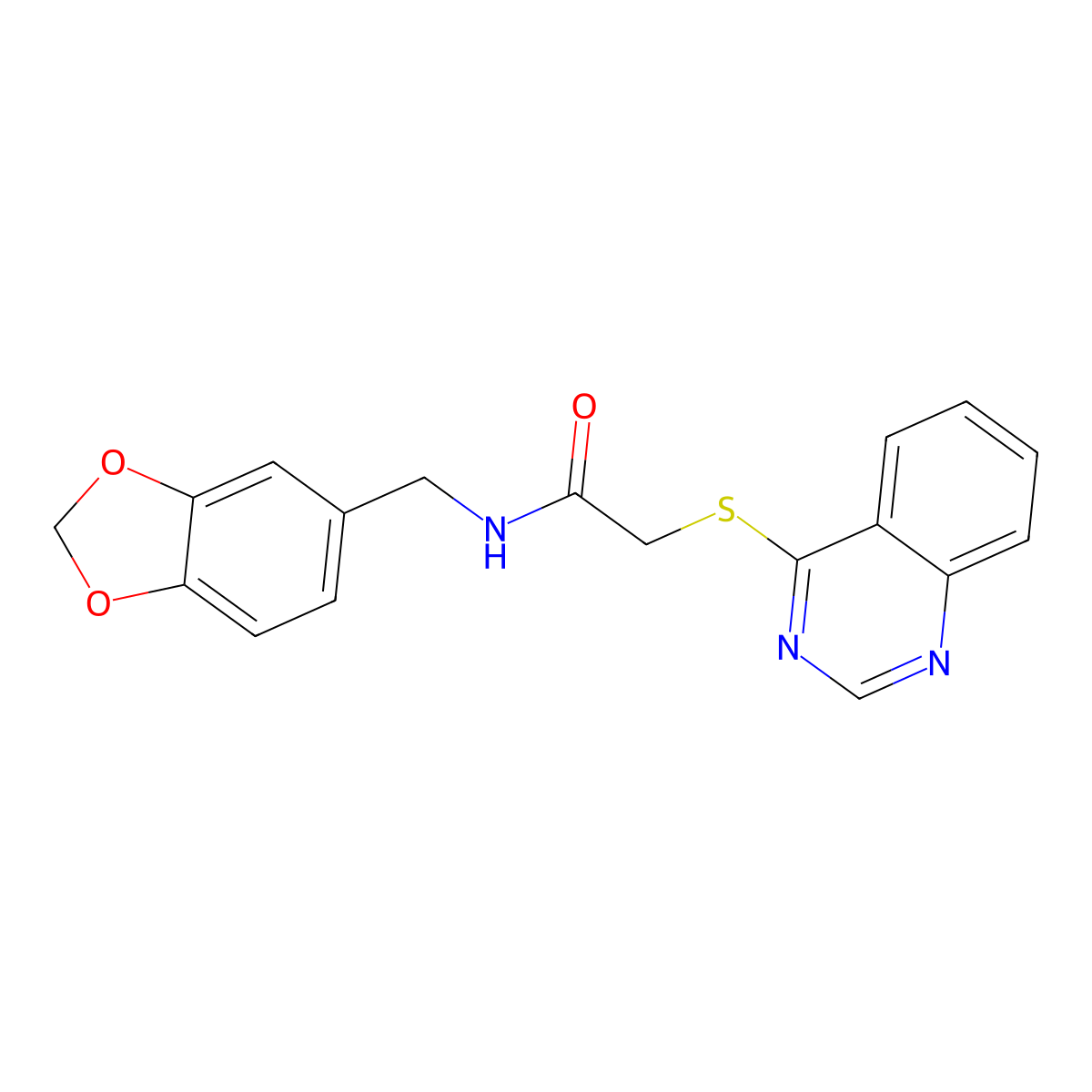 N-(1,3-benzodioxol-5-ylmethyl)-2-quinazolin-4-ylsulfanylacetamide molecular structure, CAS 721905-96-0