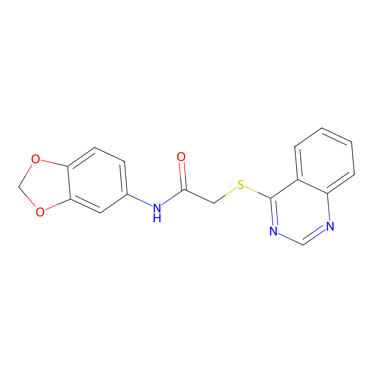 N-(benzo[d][1,3]dioxol-5-yl)-2-(quinazolin-4-ylthio)acetamide molecular structure, CAS 721912-59-0