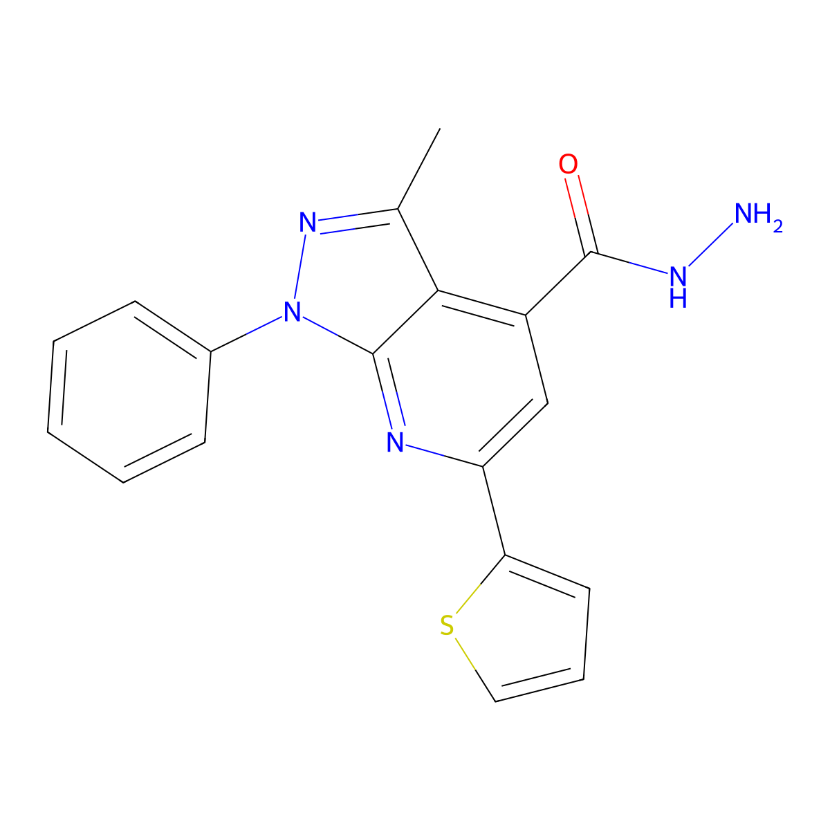 3-methyl-1-phenyl-6-(thiophen-2-yl)-1H-pyrazolo[3,4-b]pyridine-4-carbohydrazide molecular structure, CAS 721916-06-9