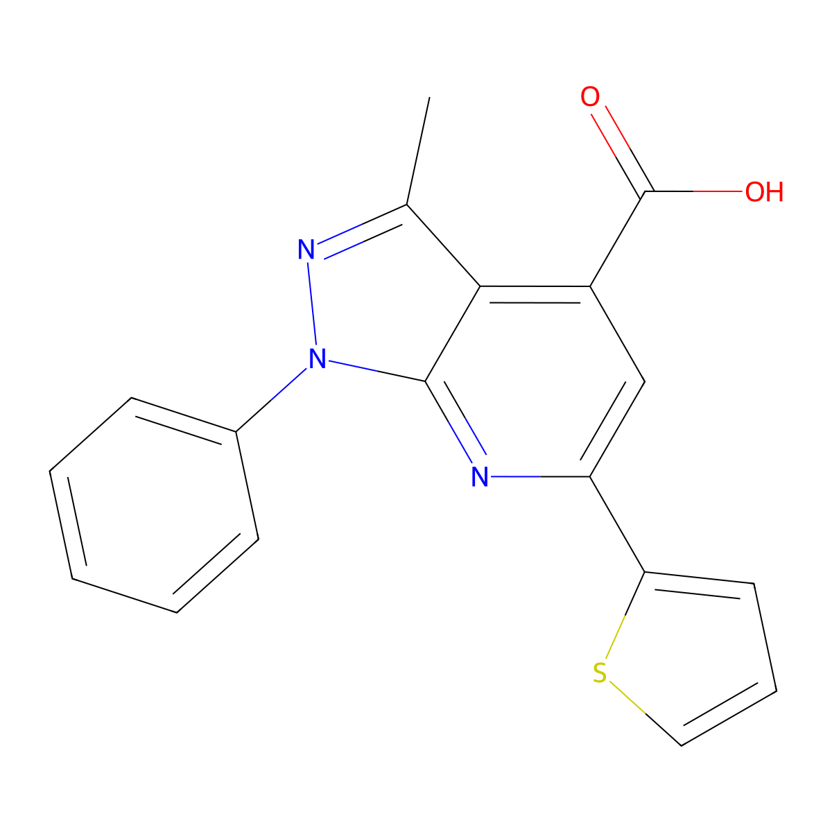 3-methyl-1-phenyl-6-(thiophen-2-yl)-1H-pyrazolo(3,4-b)pyridine-4-carboxylic acid molecular structure, CAS 721916-17-2