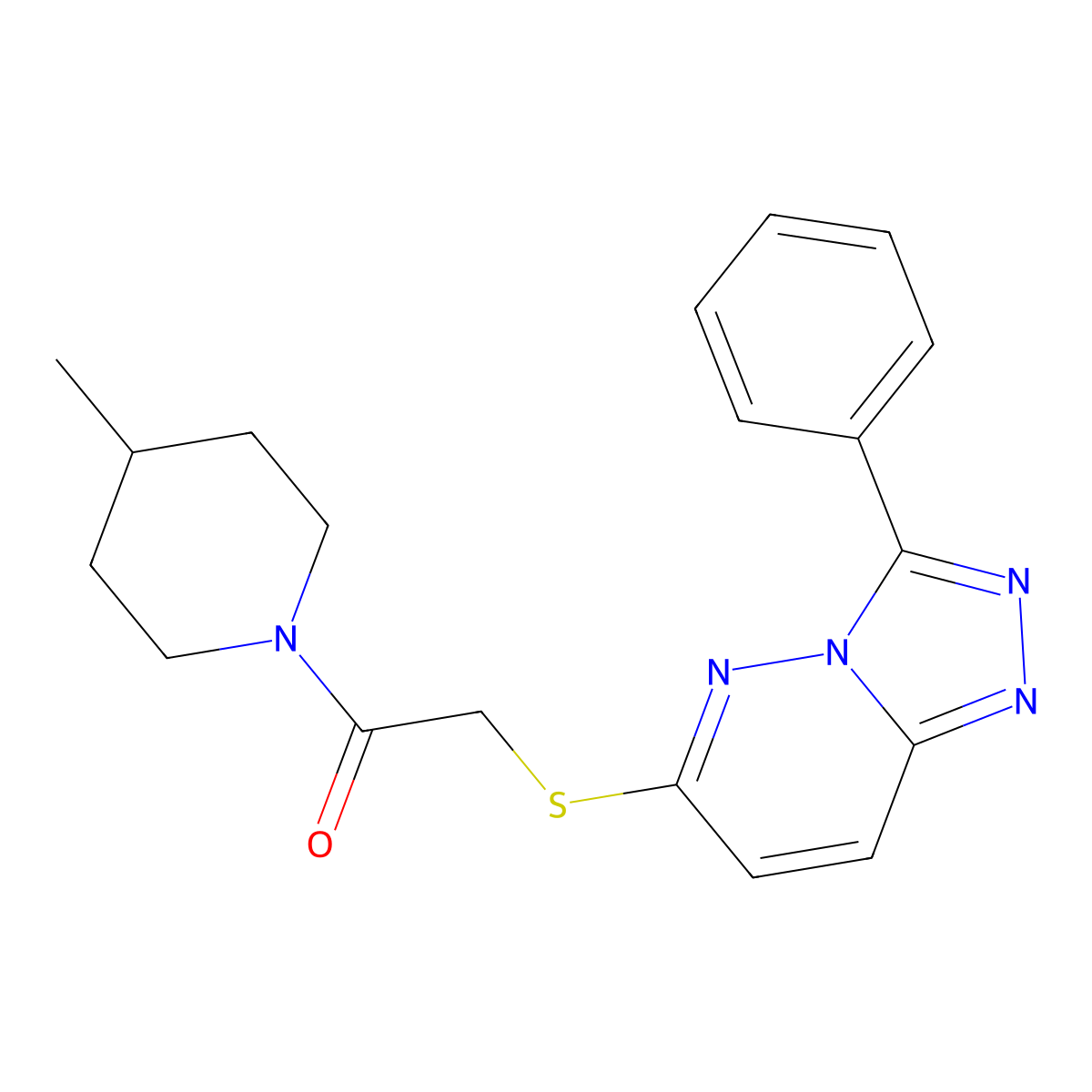 1-(4-Methylpiperidin-1-yl)-2-((3-phenyl-[1,2,4]triazolo[4,3-b]pyridazin-6-yl)thio)ethanone molecular structure, CAS 721964-43-8