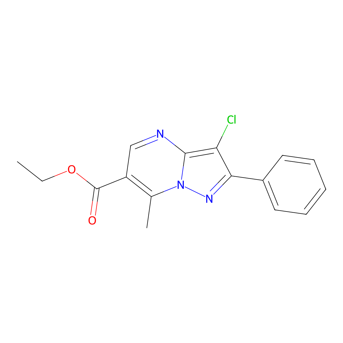 Ethyl 3-chloro-7-methyl-2-phenylpyrazolo[1,5-a]pyrimidine-6-carboxylate molecular structure, CAS 72197-29-6