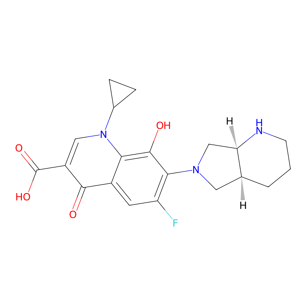 1-Cyclopropyl-6-fluoro-1,4-dihydro-8-hydroxy-7-((4aS,7aS)-octahydro-6H-pyrrolo(3,4-b)pyridin-6-yl)-4-oxo-3-quinolinecarboxylic acid molecular structure, CAS 721970-36-1