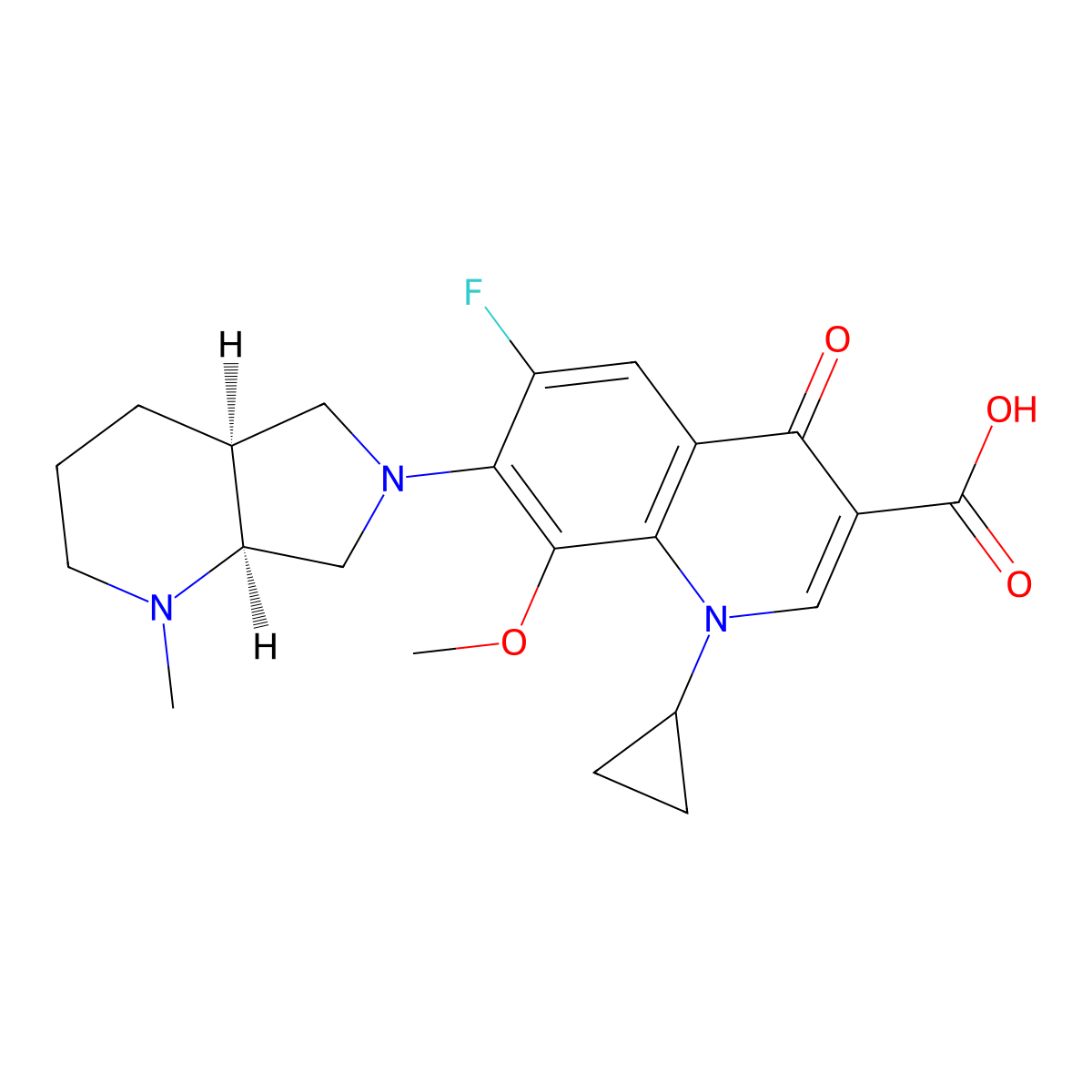 1-Cyclopropyl-6-fluoro-1,4-dihydro-8-methoxy-7-[(4aS,7aS)-octahydro-1-methyl-6H-pyrrolo[3,4-b]pyridin-6-yl]-4-oxo-3-quinolinecarboxylic acid molecular structure, CAS 721970-37-2