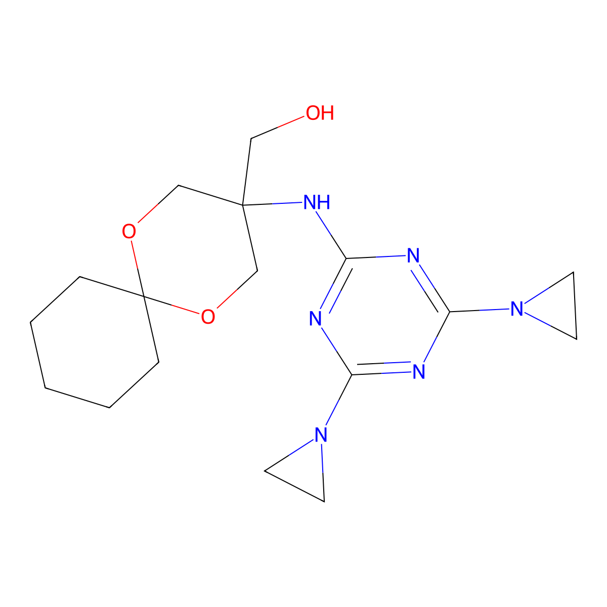 1,5-Dioxaspiro(5.5)undecane-3-methanol, 3-((4,6-bis(1-aziridinyl)-1,3,5-triazin-2-yl)amino)- molecular structure, CAS 72239-50-0