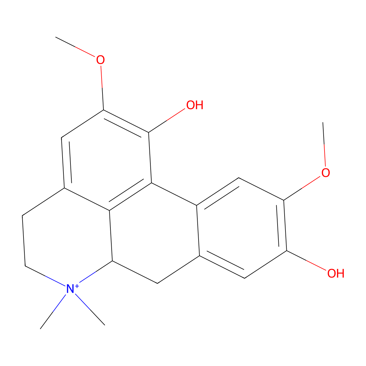 4H-Dibenzo(de,g)quinolinium, 5,6,6a,7-tetrahydro-1,9-dihydroxy-2,10-dimethoxy-6,6-dimethyl-, (S)- molecular structure, CAS 7224-61-5