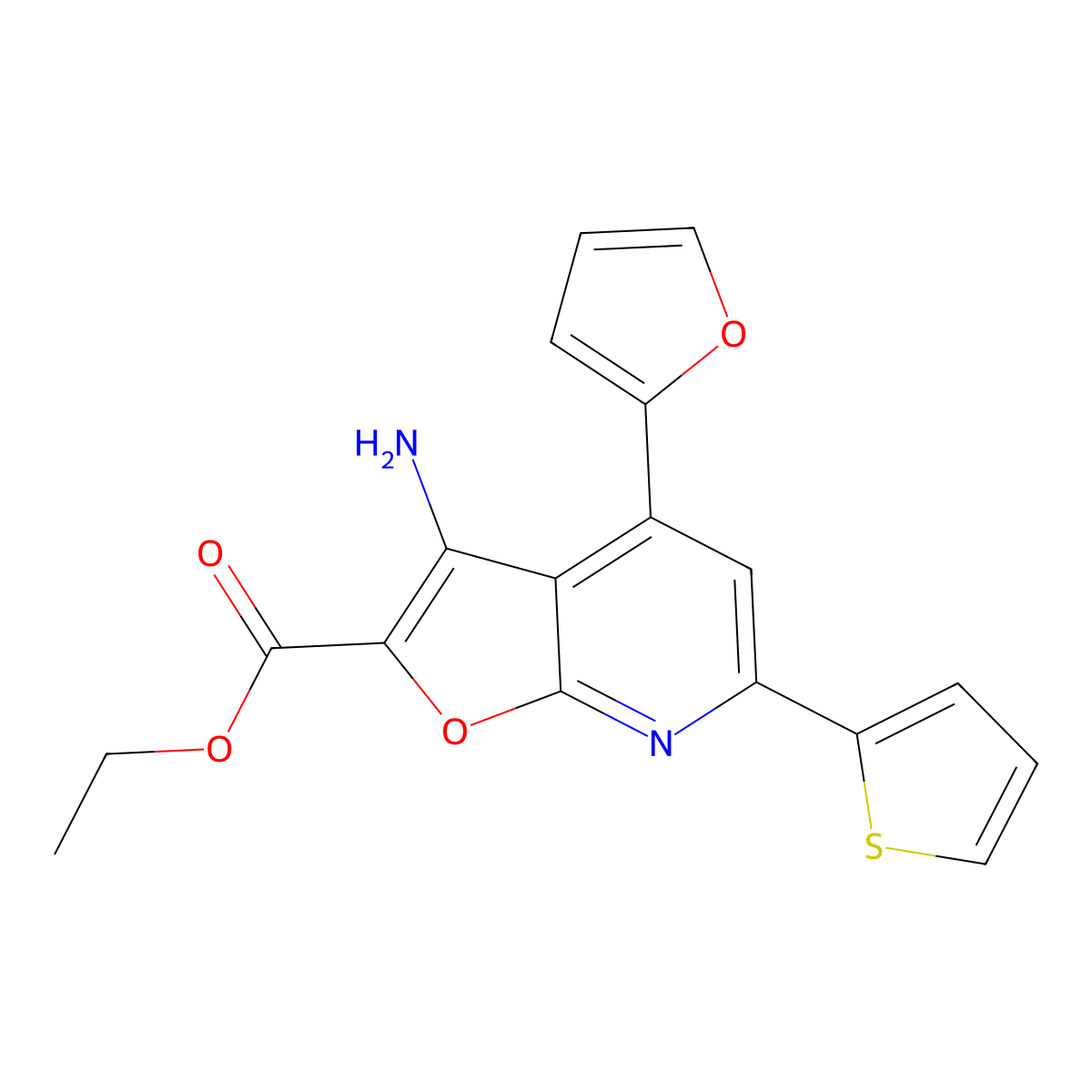 Ethyl 3-amino-4-(2-furyl)-6-(2-thienyl)furo[2,3-b]pyridine-2-carboxylate molecular structure, CAS 722456-09-9