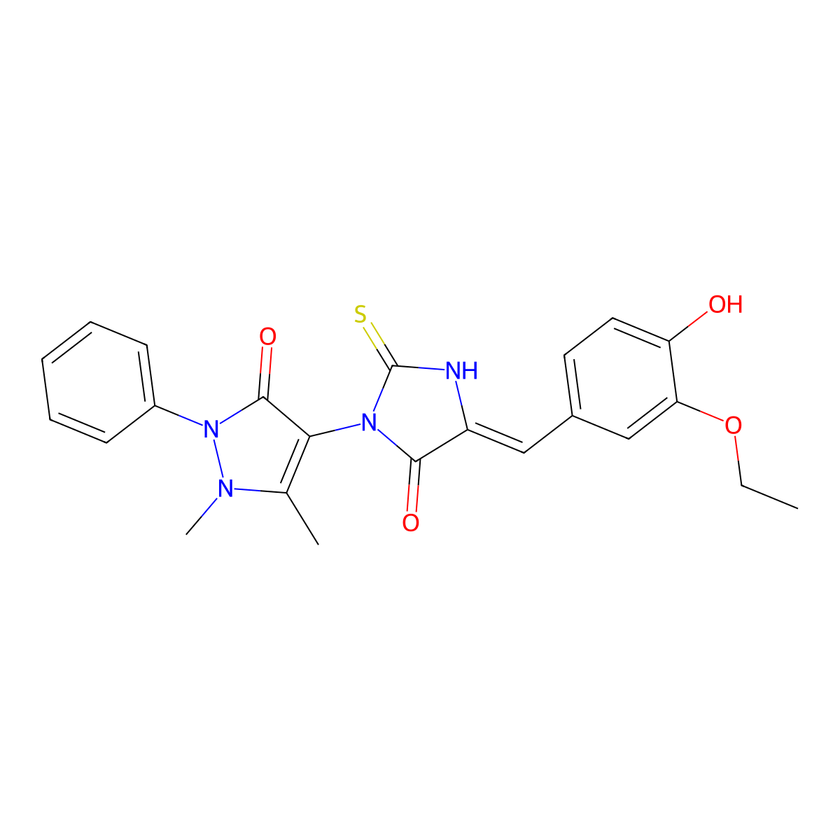 4-(4-((3-ethoxy-4-hydroxyphenyl)methylidene)-5-oxo-2-sulfanylideneimidazolidin-1-yl)-1,5-dimethyl-2-phenyl-2,3-dihydro-1H-pyrazol-3-one molecular structure, CAS 722464-06-4