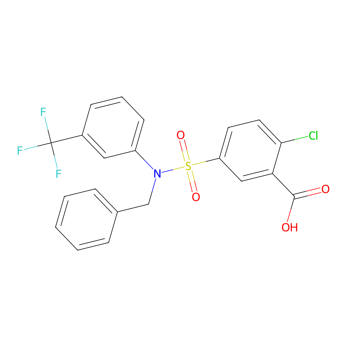 5-[Benzyl-(3-trifluoromethyl-phenyl)-sulfamoyl]-2-chloro-benzoic acid molecular structure, CAS 722464-39-3