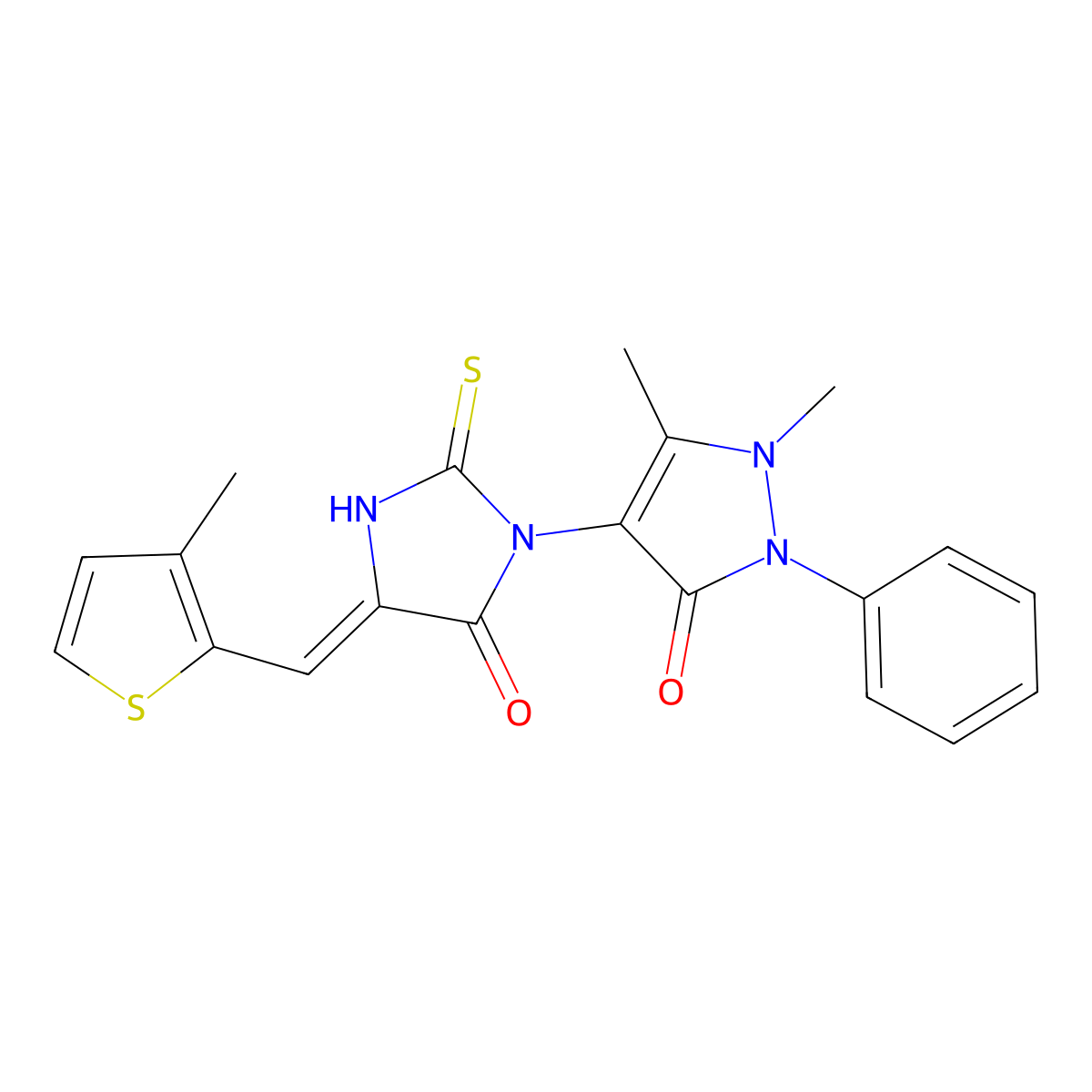 1,5-dimethyl-4-(4-((3-methylthiophen-2-yl)methylidene)-5-oxo-2-sulfanylideneimidazolidin-1-yl)-2-phenyl-2,3-dihydro-1H-pyrazol-3-one molecular structure, CAS 722466-42-4
