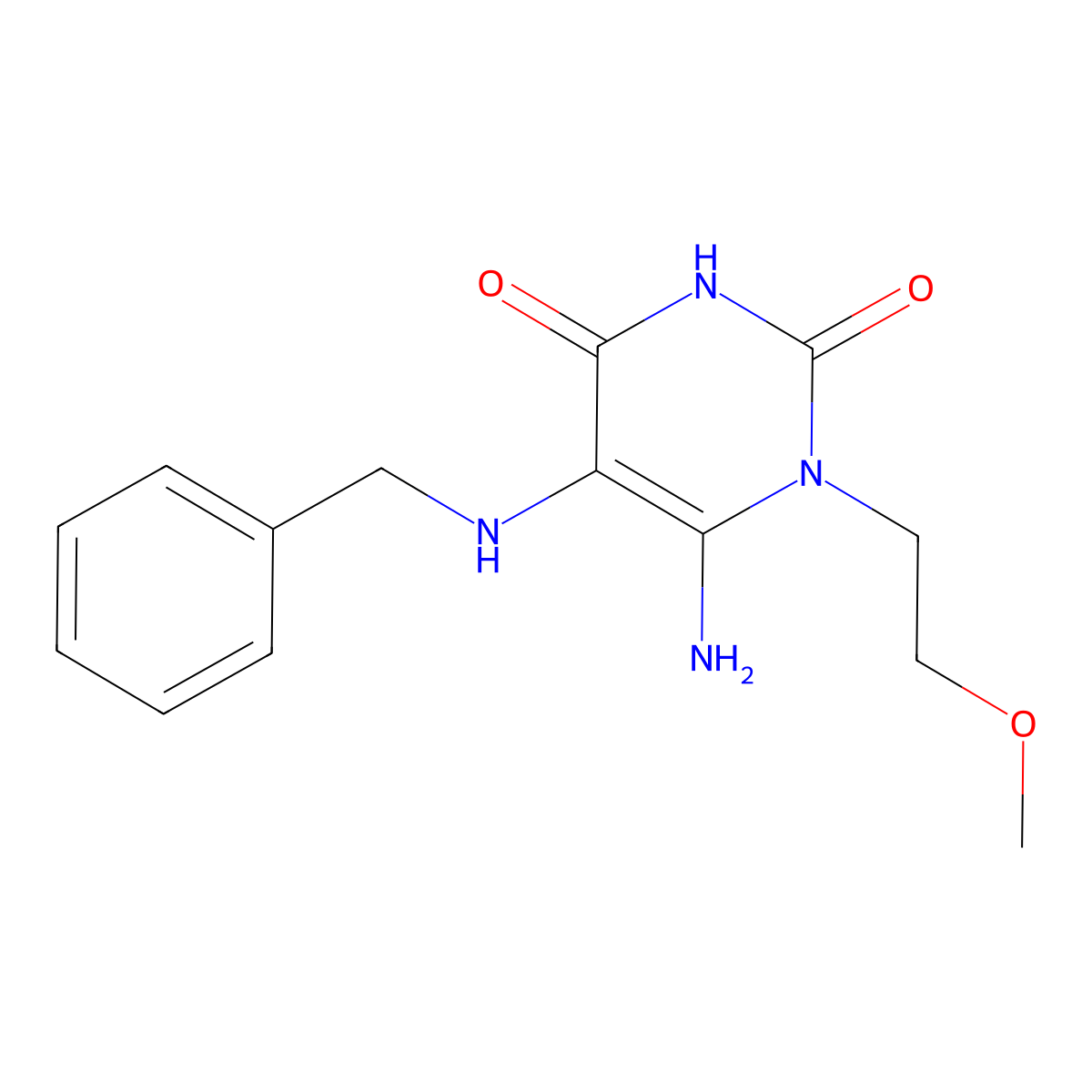 6-Amino-5-benzylamino-1-(2-methoxy-ethyl)-1H-pyrimidine-2,4-dione molecular structure, CAS 722467-81-4