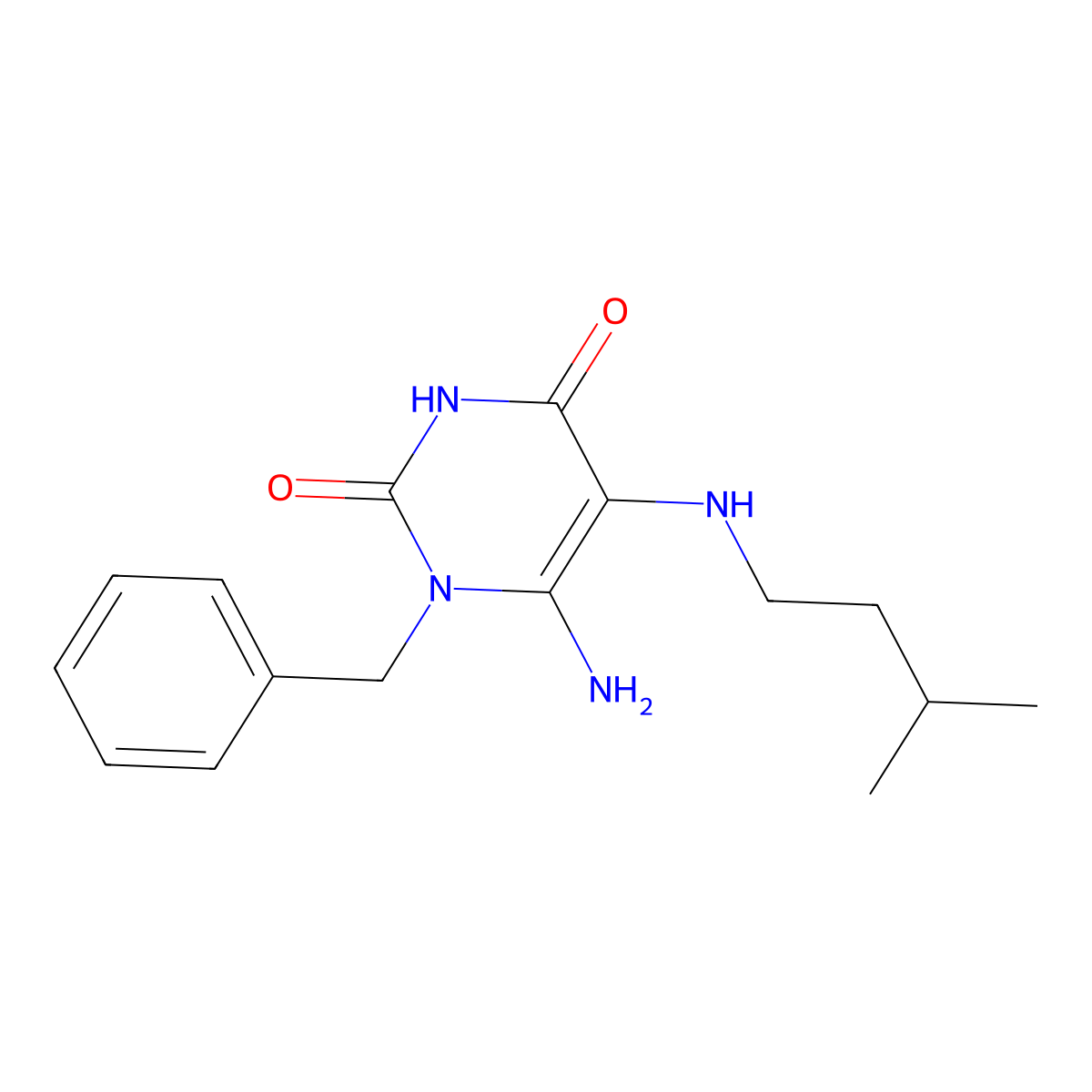 6-Amino-1-benzyl-5-[(3-methylbutyl)amino]-1,2,3,4-tetrahydropyrimidine-2,4-dione molecular structure, CAS 722471-86-5