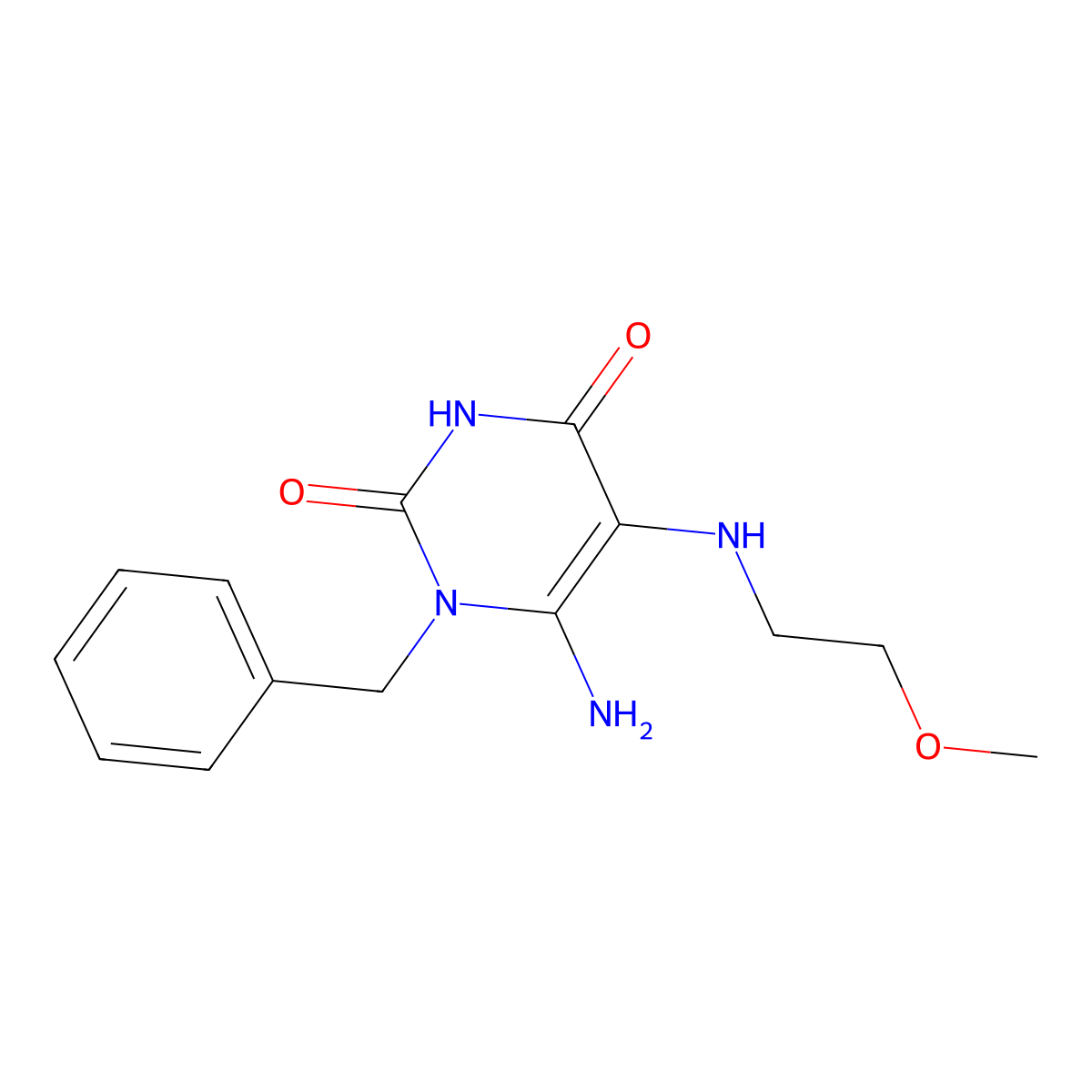 6-Amino-1-benzyl-5-[(2-methoxyethyl)amino]-1,2,3,4-tetrahydropyrimidine-2,4-dione molecular structure, CAS 722471-91-2
