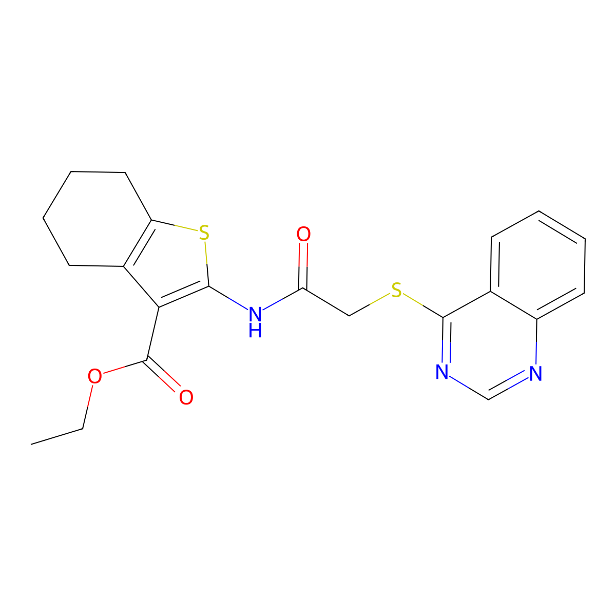 Ethyl 2-(2-(quinazolin-4-ylthio)acetamido)-4,5,6,7-tetrahydrobenzo[b]thiophene-3-carboxylate molecular structure, CAS 722477-10-3