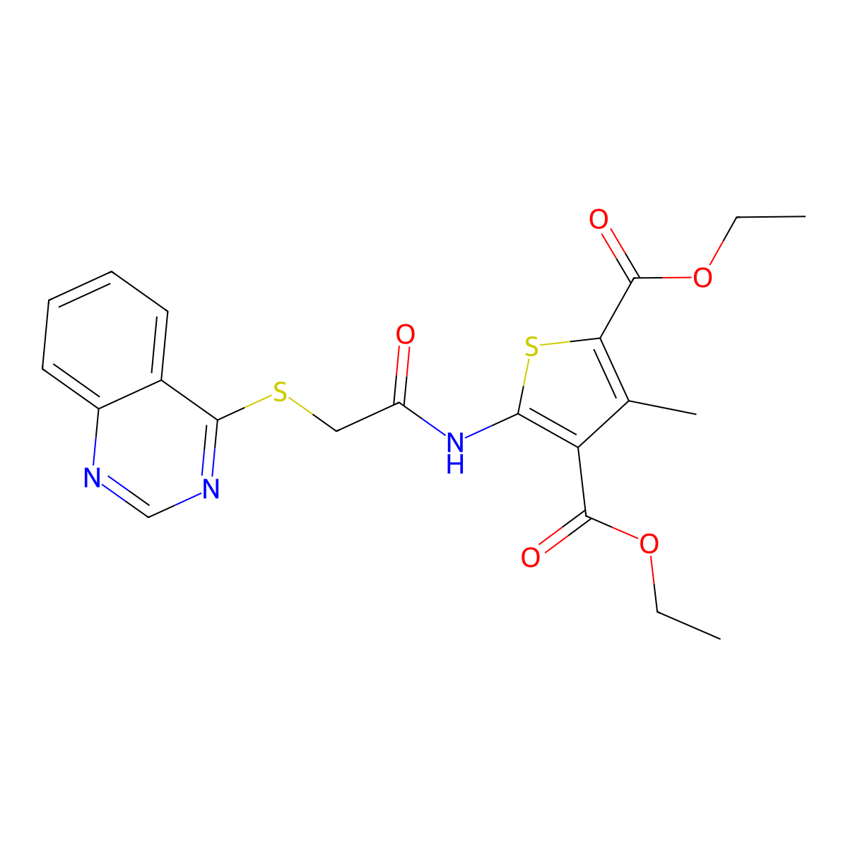 Diethyl 3-methyl-5-(2-(quinazolin-4-ylthio)acetamido)thiophene-2,4-dicarboxylate molecular structure, CAS 722478-25-3