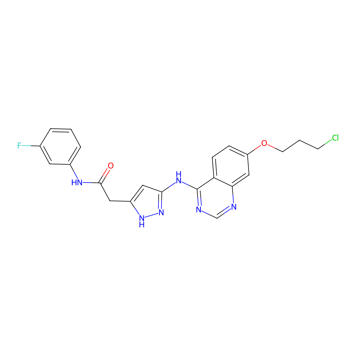 2-(3-((7-(3-chloropropoxy)quinazolin-4-yl)amino)-1H-pyrazol-5-yl)-N-(3-fluorophenyl)acetamide molecular structure, CAS 722544-46-9