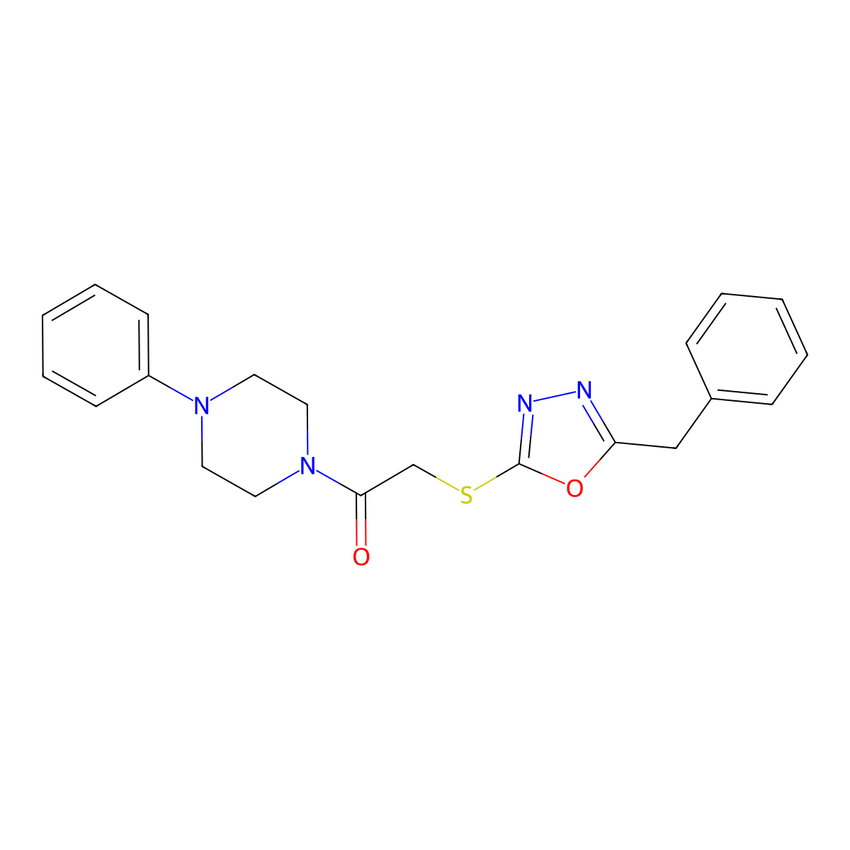 2-((5-Benzyl-1,3,4-oxadiazol-2-yl)thio)-1-(4-phenylpiperazin-1-yl)ethanone molecular structure, CAS 723244-94-8