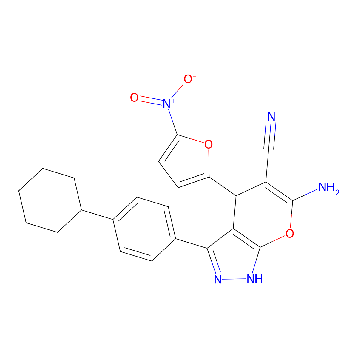 6-Amino-3-(4-cyclohexylphenyl)-4-{5-nitro-2-furyl}-1,4-dihydropyrano[2,3-c]pyrazole-5-carbonitrile molecular structure, CAS 723248-48-4