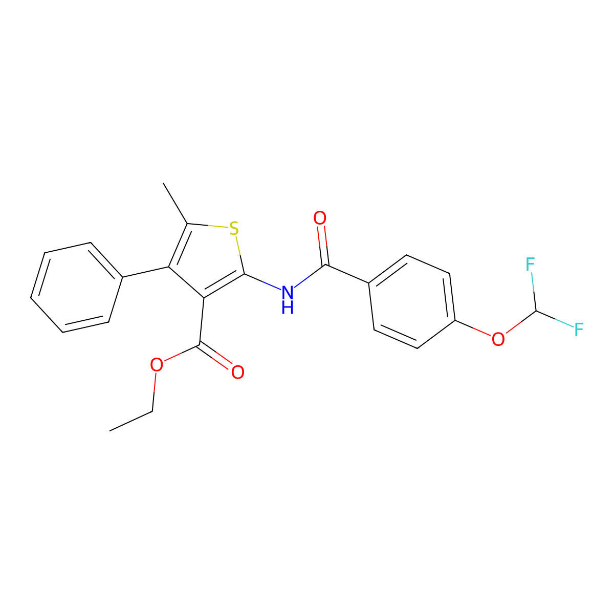 Ethyl 2-{[4-(difluoromethoxy)benzoyl]amino}-5-methyl-4-phenyl-3-thiophenecarboxylate molecular structure, CAS 723252-58-2