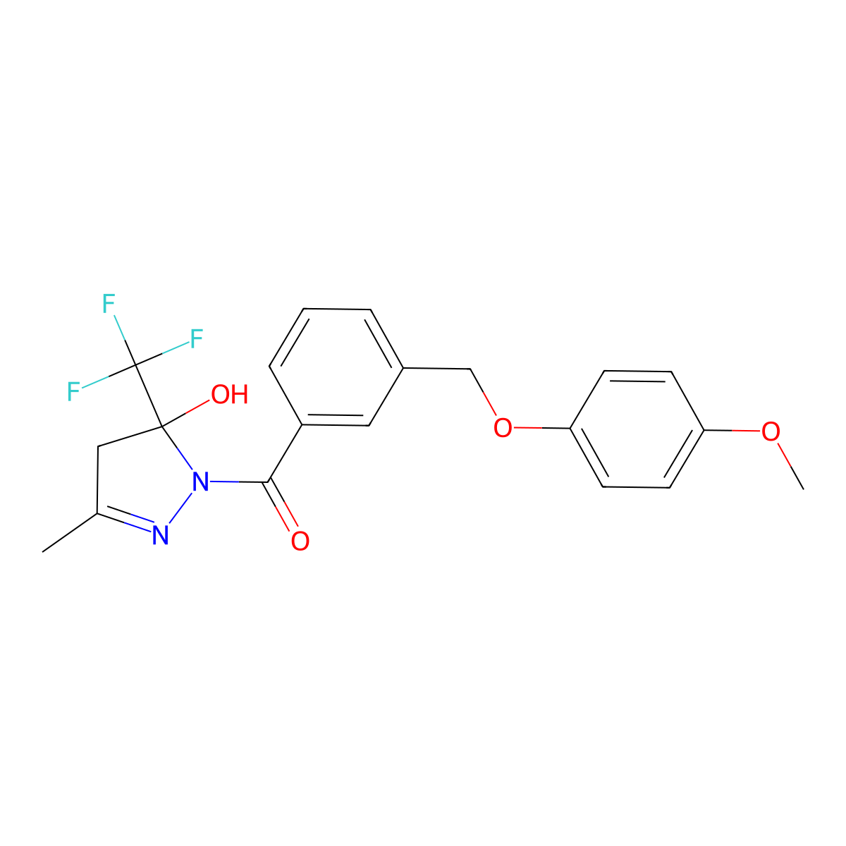 1-{3-[(4-methoxyphenoxy)methyl]benzoyl}-3-methyl-5-(trifluoromethyl)-4,5-dihydro-1H-pyrazol-5-ol molecular structure, CAS 723253-23-4