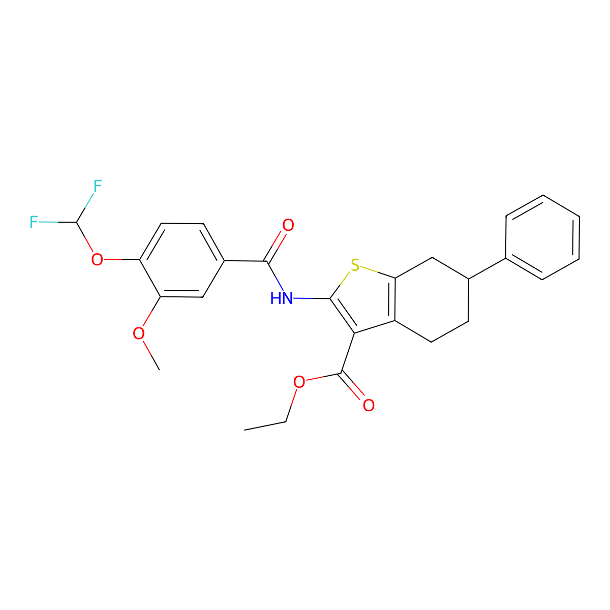 Ethyl 2-({[4-(difluoromethoxy)-3-methoxyphenyl]carbonyl}amino)-6-phenyl-4,5,6,7-tetrahydro-1-benzothiophene-3-carboxylate molecular structure, CAS 723253-24-5