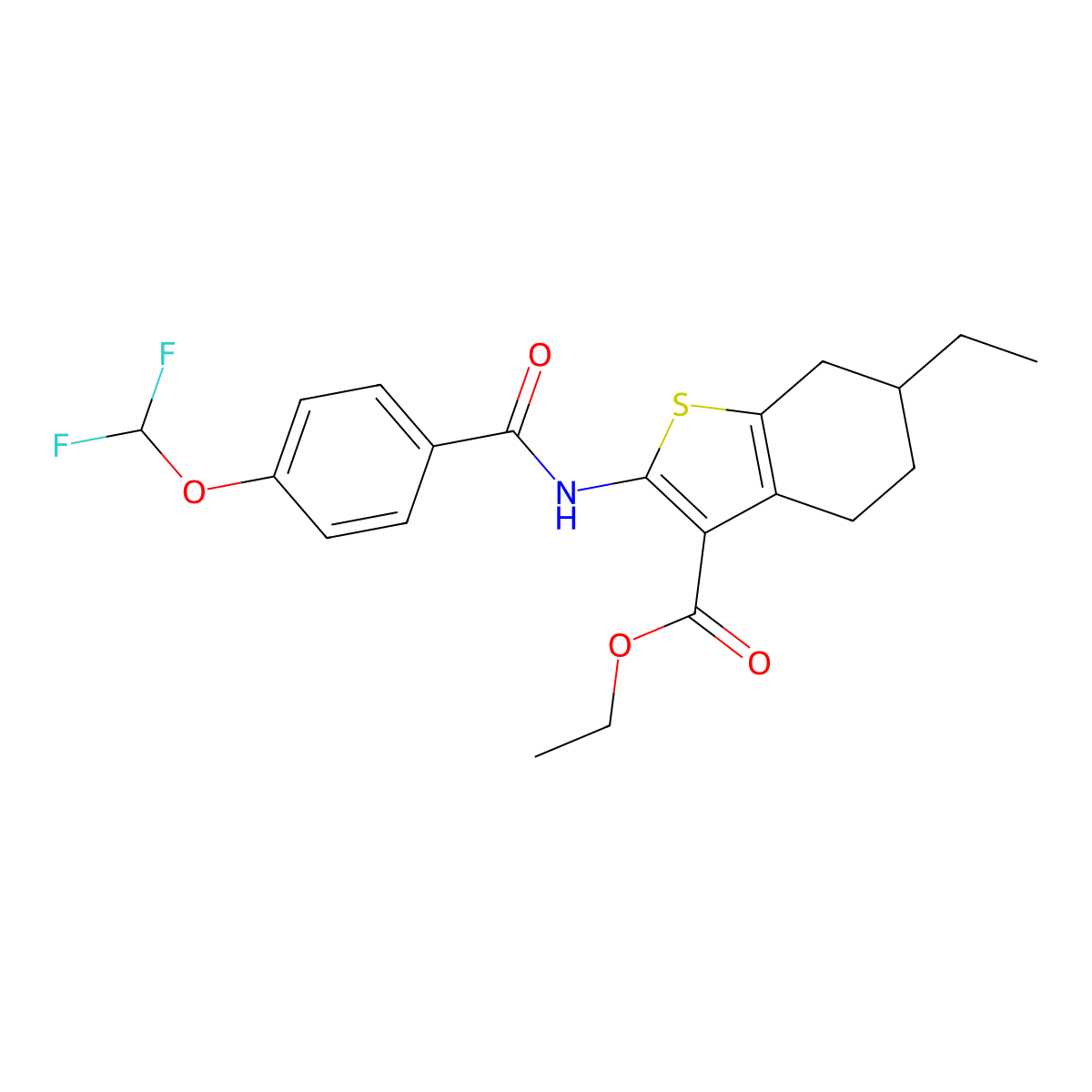 Ethyl 2-[[4-(difluoromethoxy)benzoyl]amino]-6-ethyl-4,5,6,7-tetrahydro-1-benzothiophene-3-carboxylate molecular structure, CAS 723253-38-1