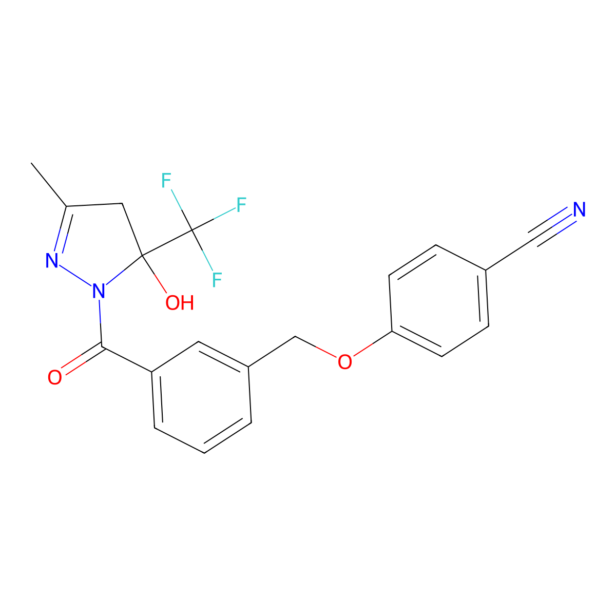 4-[(3-{[5-hydroxy-3-methyl-5-(trifluoromethyl)-4,5-dihydro-1H-pyrazol-1-yl]carbonyl}benzyl)oxy]benzonitrile molecular structure, CAS 723253-40-5