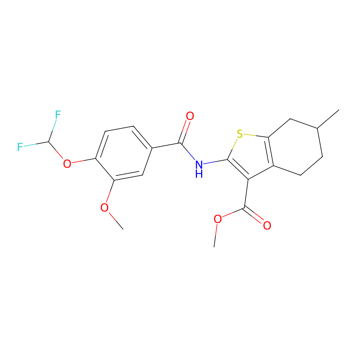 Methyl 2-({[4-(difluoromethoxy)-3-methoxyphenyl]carbonyl}amino)-6-methyl-4,5,6,7-tetrahydro-1-benzothiophene-3-carboxylate molecular structure, CAS 723253-54-1