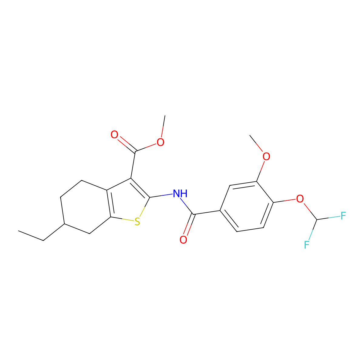 Methyl 2-({[4-(difluoromethoxy)-3-methoxyphenyl]carbonyl}amino)-6-ethyl-4,5,6,7-tetrahydro-1-benzothiophene-3-carboxylate molecular structure, CAS 723253-56-3