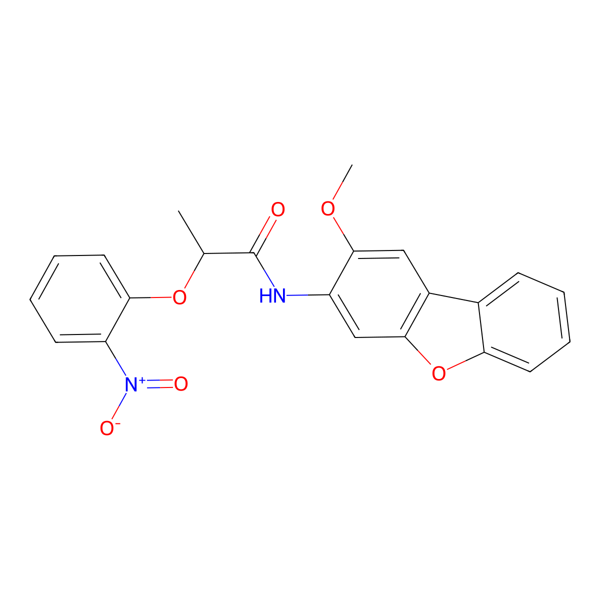 N-(2-methoxydibenzofuran-3-yl)-2-(2-nitrophenoxy)propanamide molecular structure, CAS 723253-57-4