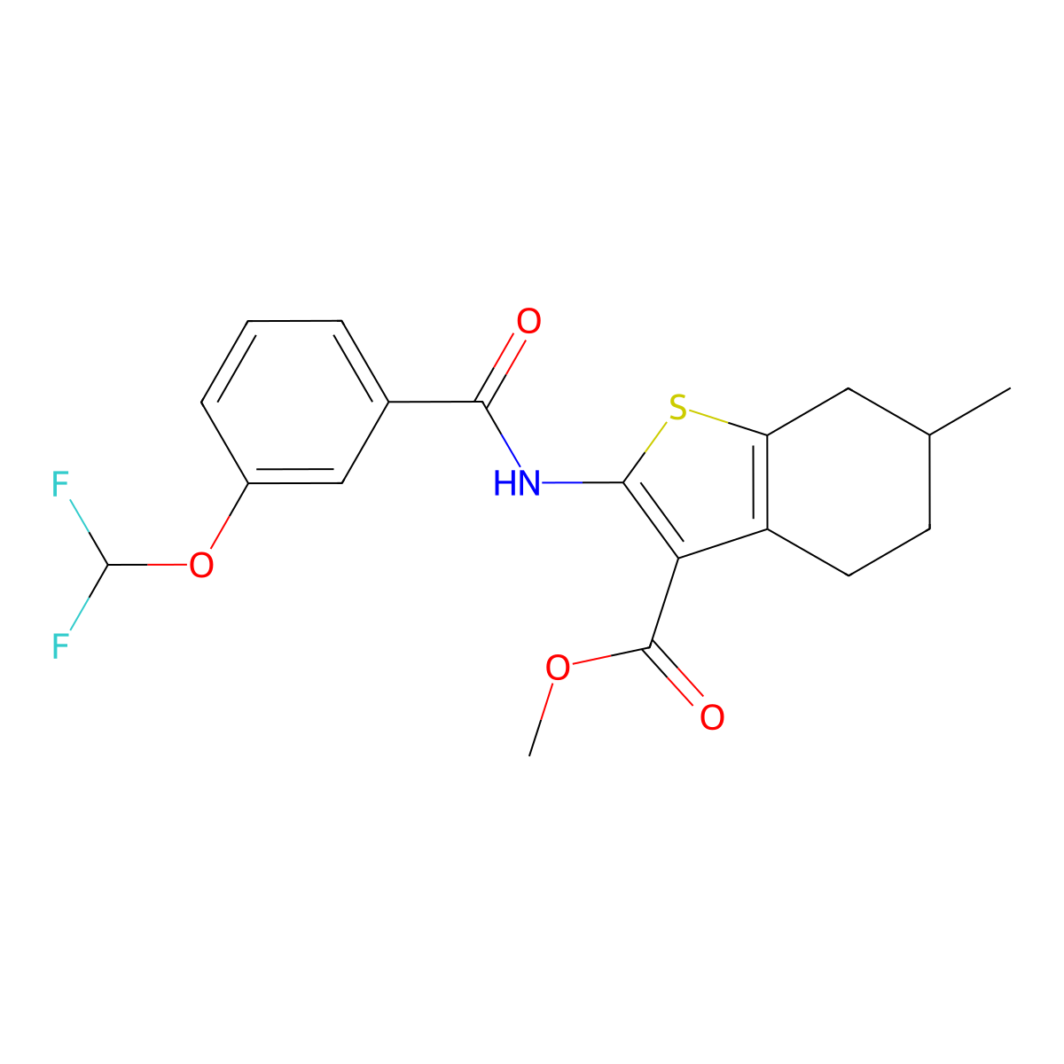 Methyl 2-({[3-(difluoromethoxy)phenyl]carbonyl}amino)-6-methyl-4,5,6,7-tetrahydro-1-benzothiophene-3-carboxylate molecular structure, CAS 723253-73-4
