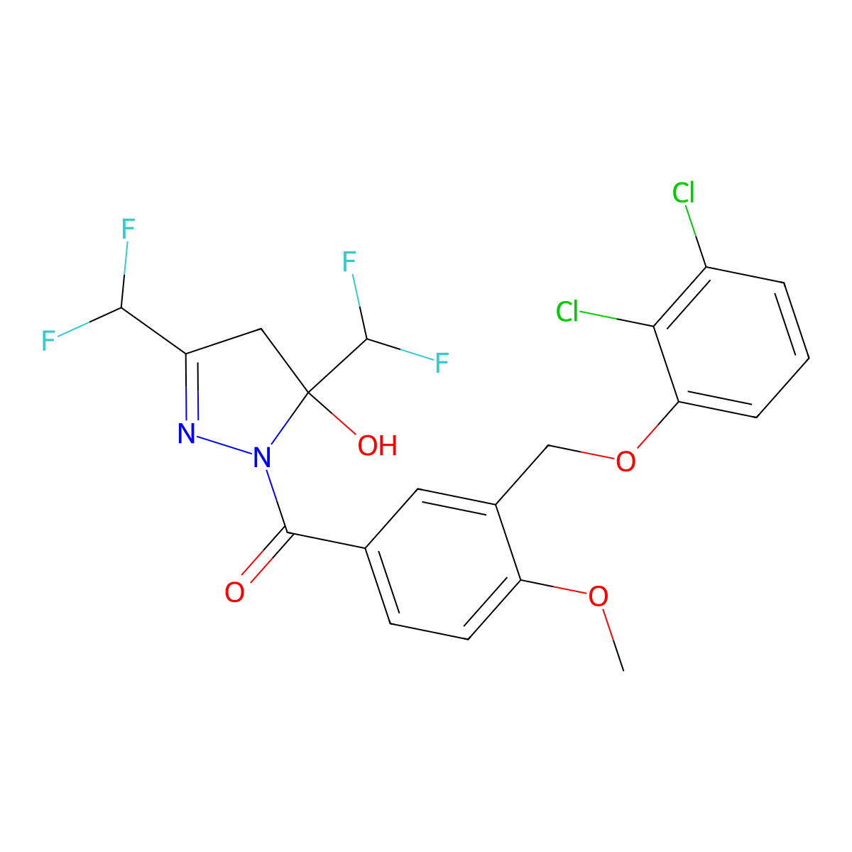 [3,5-bis(difluoromethyl)-5-hydroxy-4H-pyrazol-1-yl]-[3-[(2,3-dichlorophenoxy)methyl]-4-methoxyphenyl]methanone molecular structure, CAS 723253-74-5