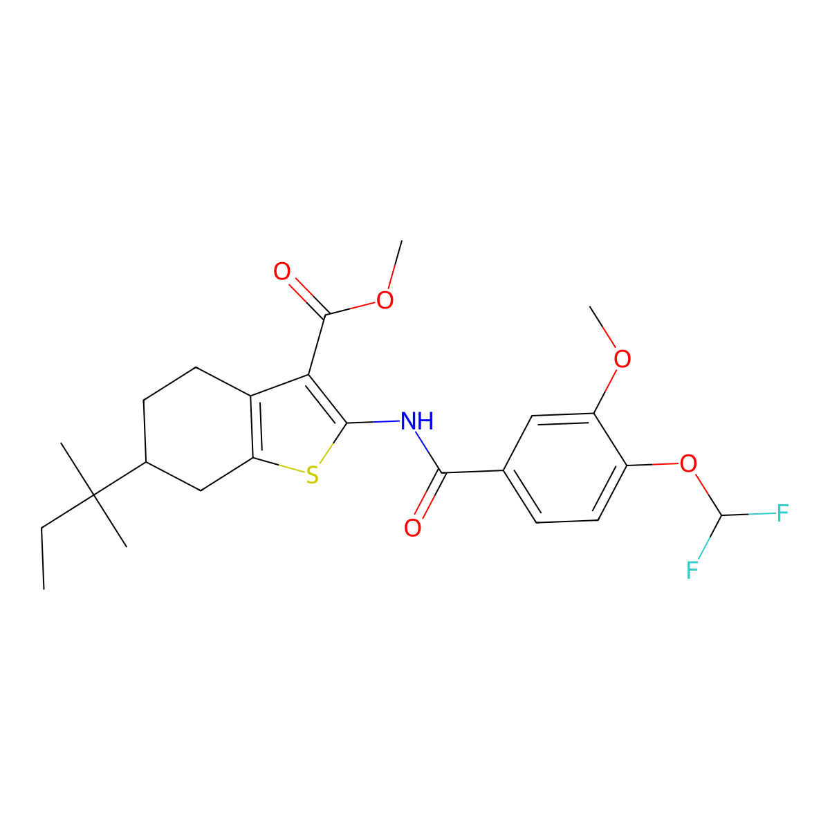 Methyl 2-{[4-(difluoromethoxy)-3-methoxybenzoyl]amino}-6-tert-pentyl-4,5,6,7-tetrahydro-1-benzothiophene-3-carboxylate molecular structure, CAS 723253-99-4