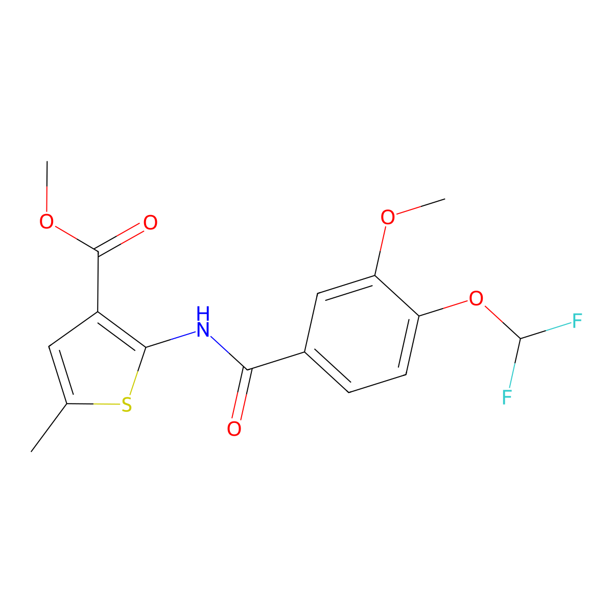 Methyl 2-{[4-(difluoromethoxy)-3-methoxybenzoyl]amino}-5-methyl-3-thiophenecarboxylate molecular structure, CAS 723254-06-6