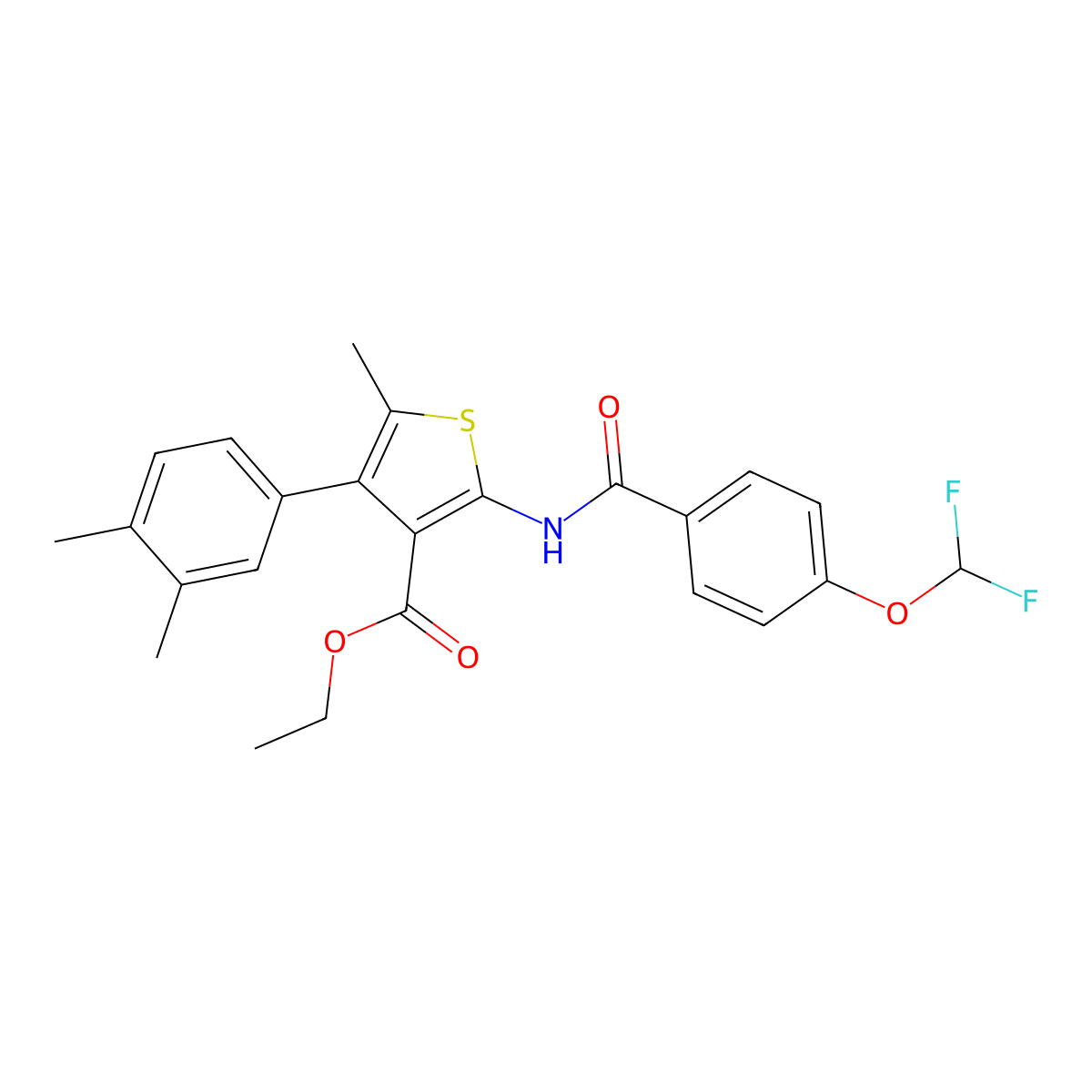 Ethyl 2-[[4-(difluoromethoxy)benzoyl]amino]-4-(3,4-dimethylphenyl)-5-methylthiophene-3-carboxylate molecular structure, CAS 723254-18-0