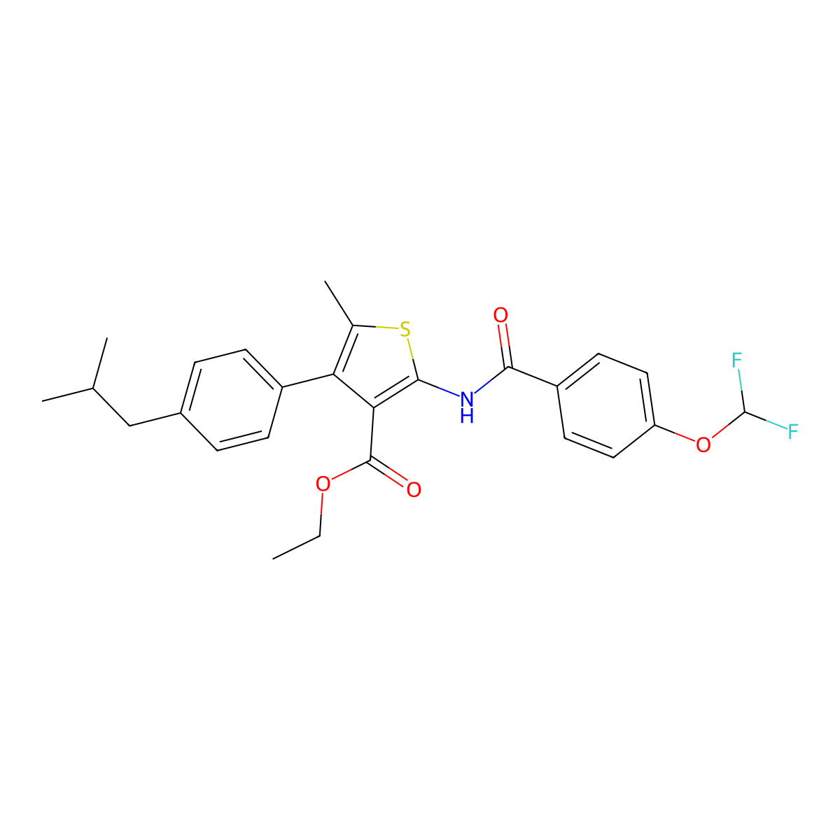 Ethyl 2-{[4-(difluoromethoxy)benzoyl]amino}-4-(4-isobutylphenyl)-5-methyl-3-thiophenecarboxylate molecular structure, CAS 723254-20-4