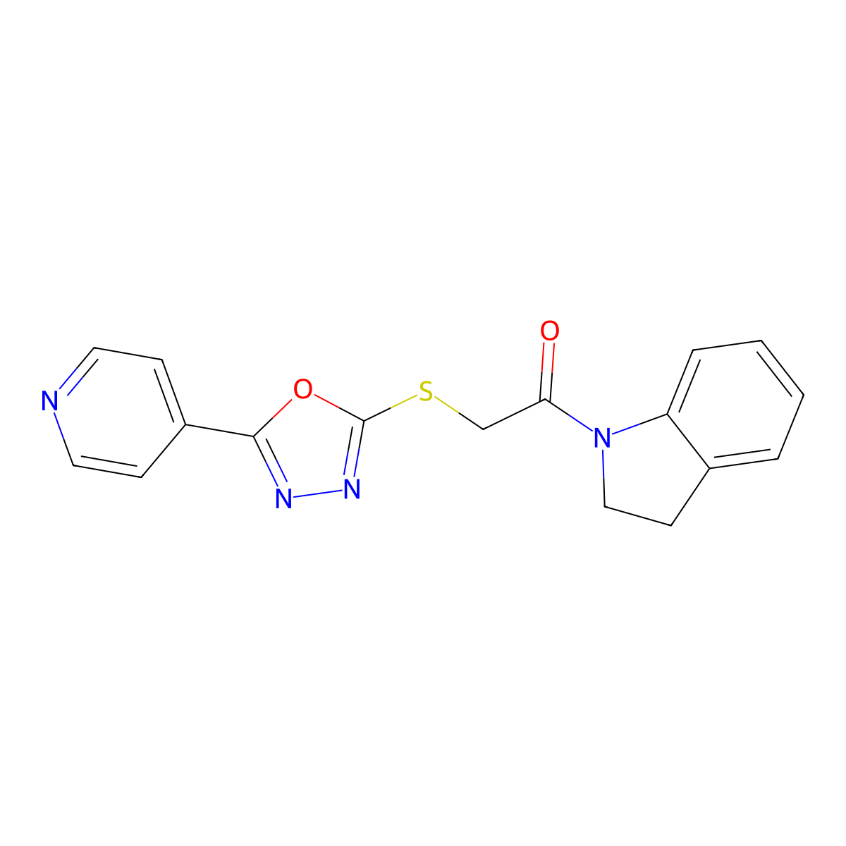 1-(Indolin-1-yl)-2-((5-(pyridin-4-yl)-1,3,4-oxadiazol-2-yl)thio)ethanone molecular structure, CAS 723259-00-5