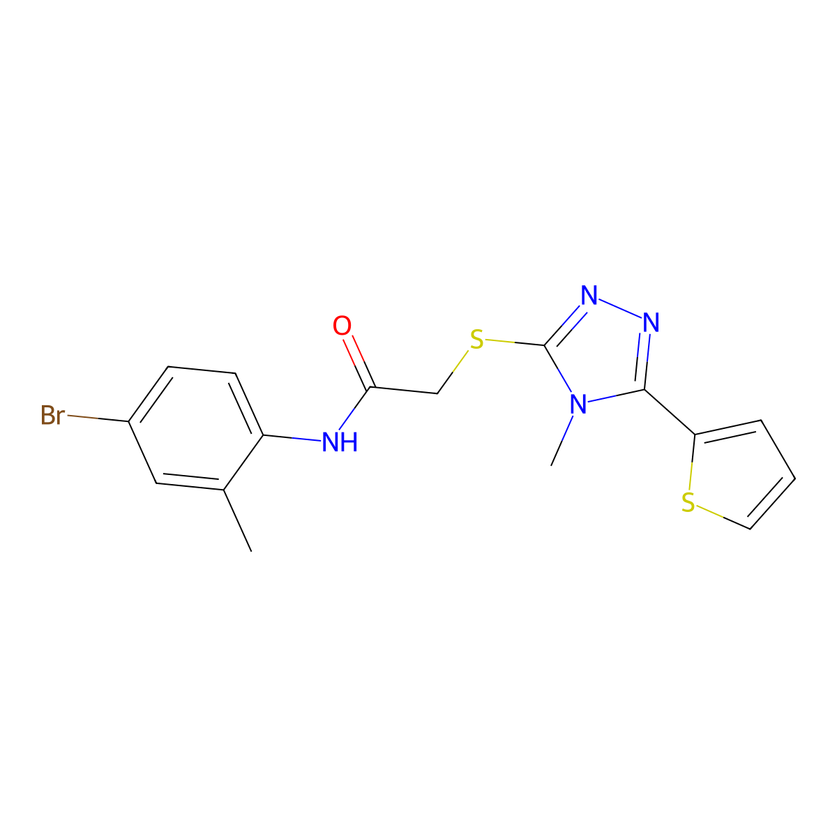 N-(4-bromo-2-methylphenyl)-2-{[4-methyl-5-(thiophen-2-yl)-4H-1,2,4-triazol-3-yl]sulfanyl}acetamide molecular structure, CAS 723317-32-6