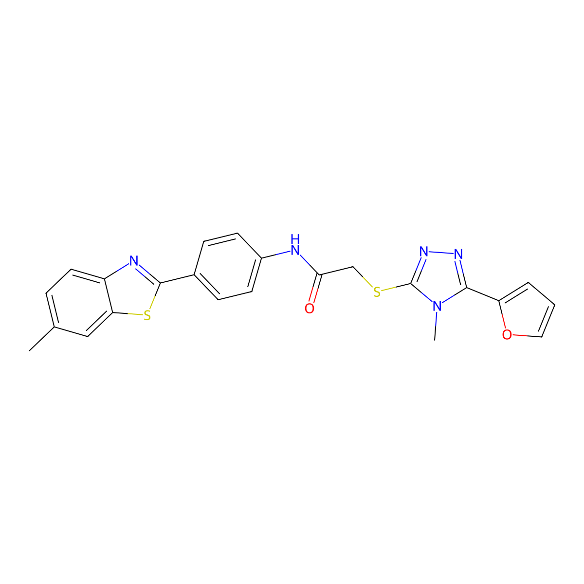 2-{[5-(furan-2-yl)-4-methyl-4H-1,2,4-triazol-3-yl]sulfanyl}-N-[4-(6-methyl-1,3-benzothiazol-2-yl)phenyl]acetamide molecular structure, CAS 723324-25-2