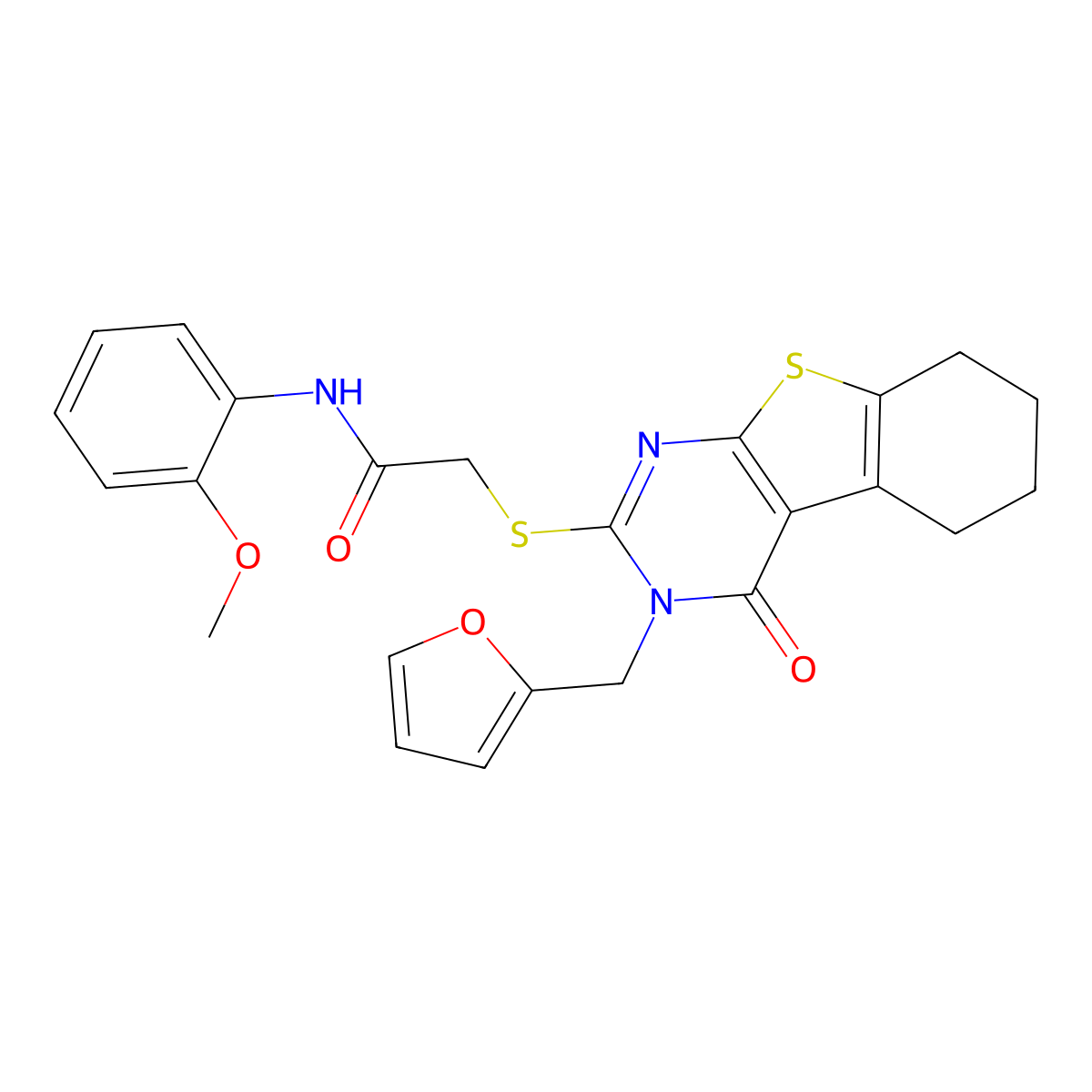 2-[3-(2-furylmethyl)-4-oxo(3,5,6,7,8-pentahydrobenzo[b]thiopheno[2,3-d]pyrimid in-2-ylthio)]-N-(2-methoxyphenyl)acetamide molecular structure, CAS 723325-56-2