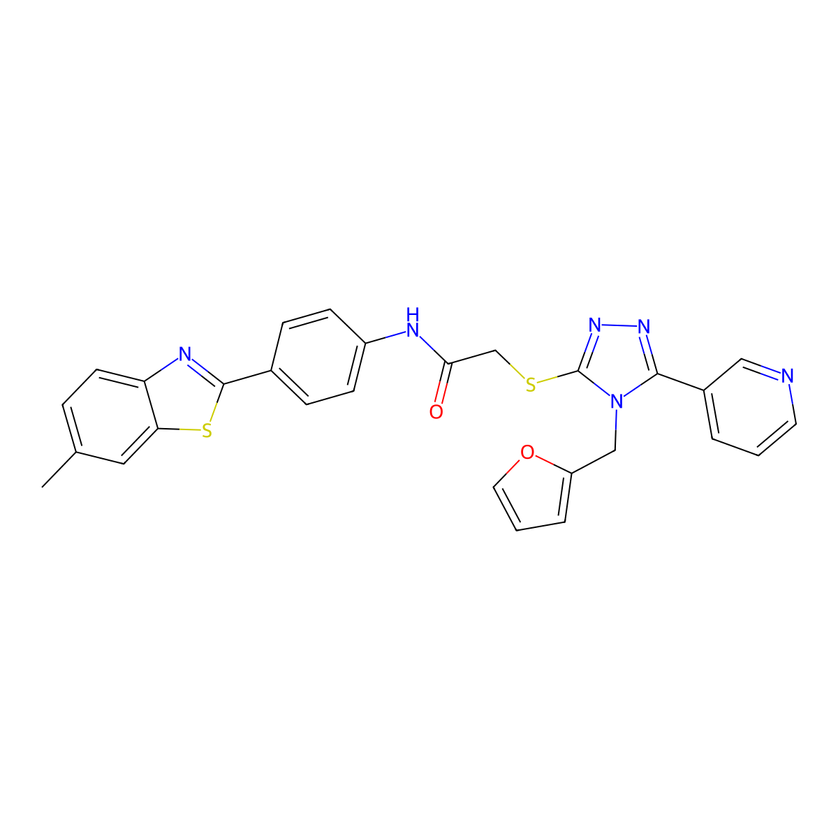 2-{[4-(furan-2-ylmethyl)-5-(pyridin-3-yl)-4H-1,2,4-triazol-3-yl]sulfanyl}-N-[4-(6-methyl-1,3-benzothiazol-2-yl)phenyl]acetamide molecular structure, CAS 723327-88-6