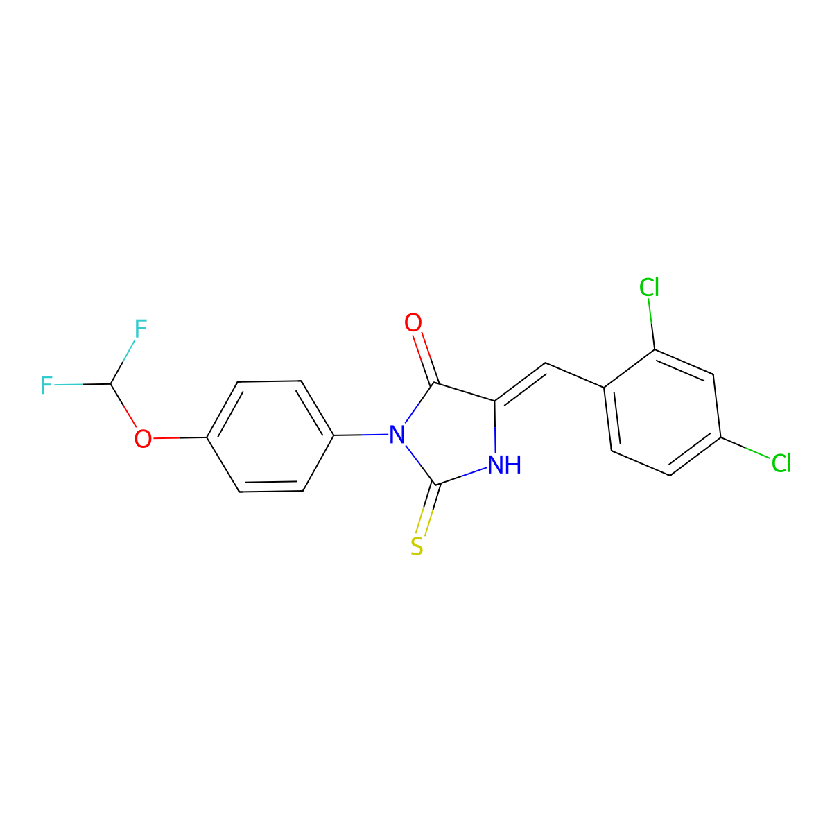 5-((2,4-Dichlorophenyl)methylidene)-3-(4-(difluoromethoxy)phenyl)-2-sulfanylideneimidazolidin-4-one molecular structure, CAS 723332-02-3
