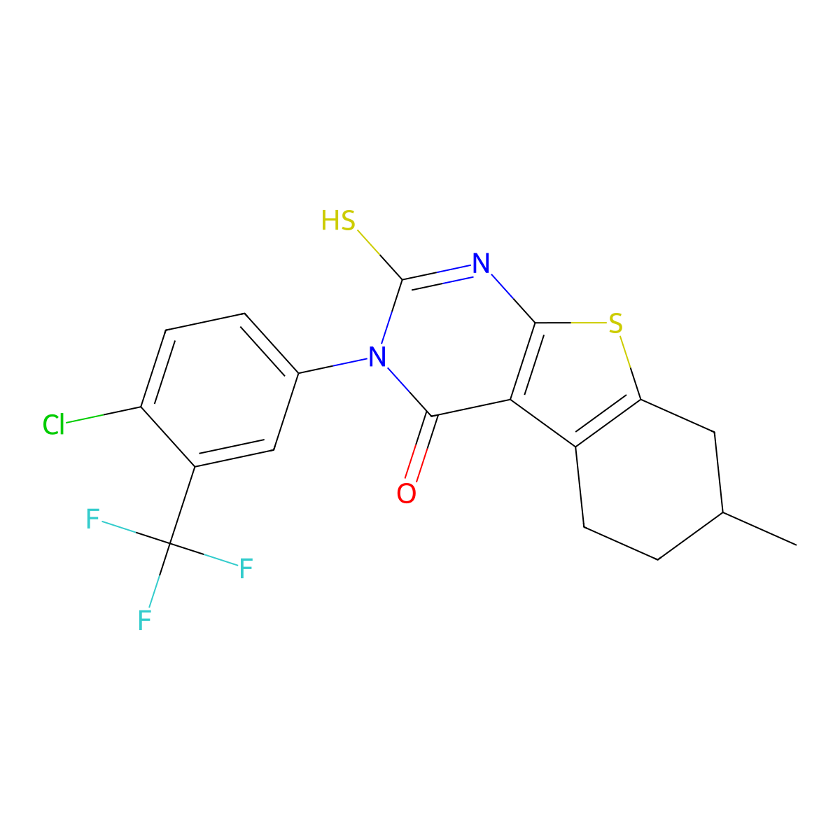 4-[4-Chloro-3-(trifluoromethyl)phenyl]-11-methyl-5-sulfanyl-8-thia-4,6-diazatricyclo[7.4.0.0,2,7]trideca-1(9),2(7),5-trien-3-one molecular structure, CAS 723333-49-1