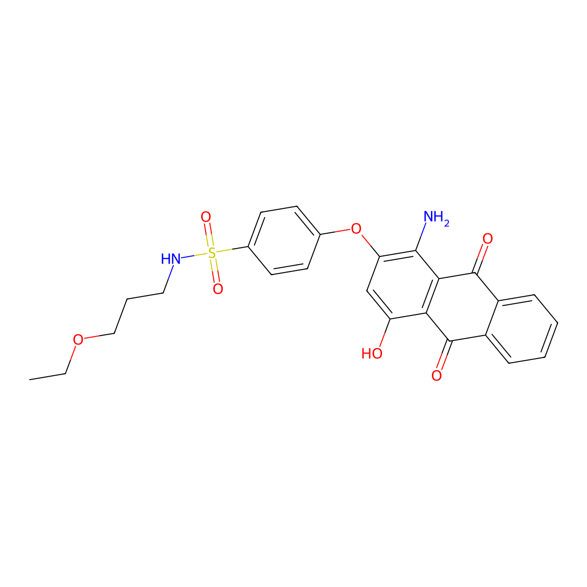 Benzenesulfonamide, 4-[(1-amino-9,10-dihydro-4-hydroxy-9,10-dioxo-2-anthracenyl)oxy]-N-(3-ethoxypropyl)- molecular structure, CAS 72363-26-9