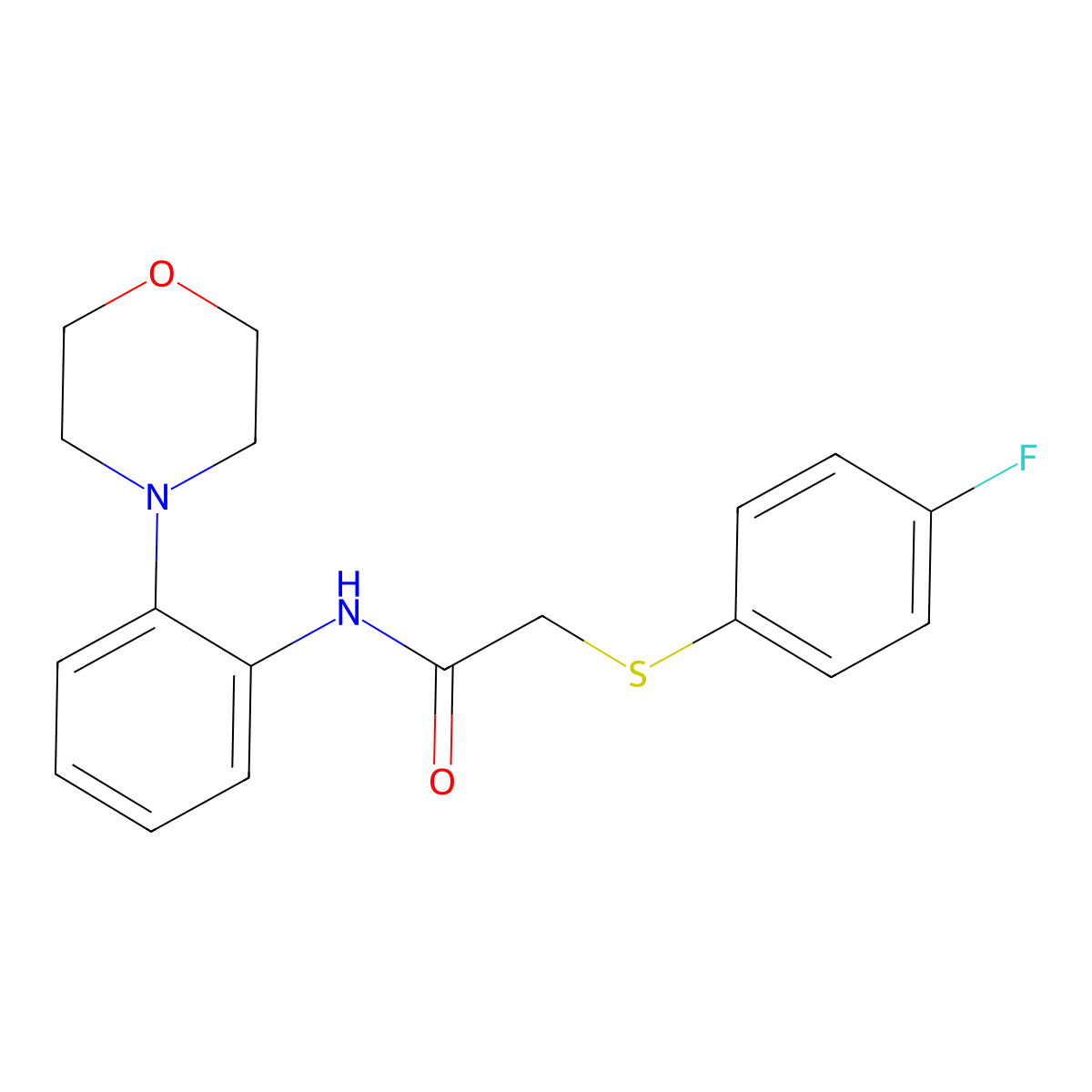 2-(4-fluorophenyl)sulfanyl-N-(2-morpholin-4-ylphenyl)acetamide molecular structure, CAS 723738-82-7