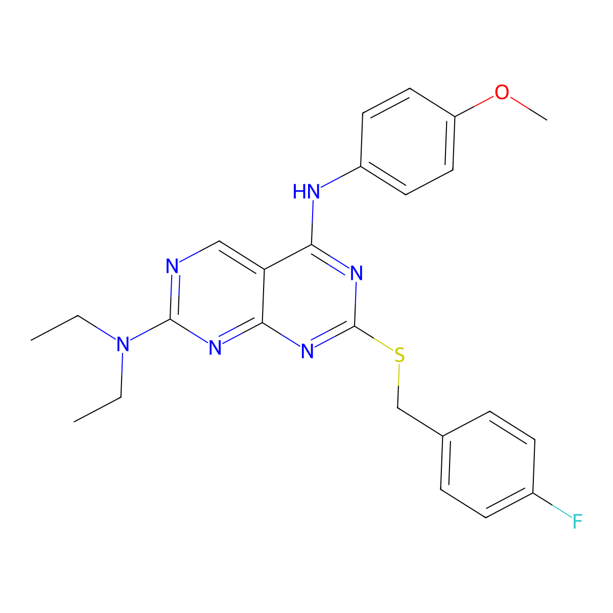 N-{7-(diethylamino)-2-[(4-fluorobenzyl)sulfanyl]pyrimido[4,5-d]pyrimidin-4-yl}-N-(4-methoxyphenyl)amine molecular structure, CAS 723739-67-1