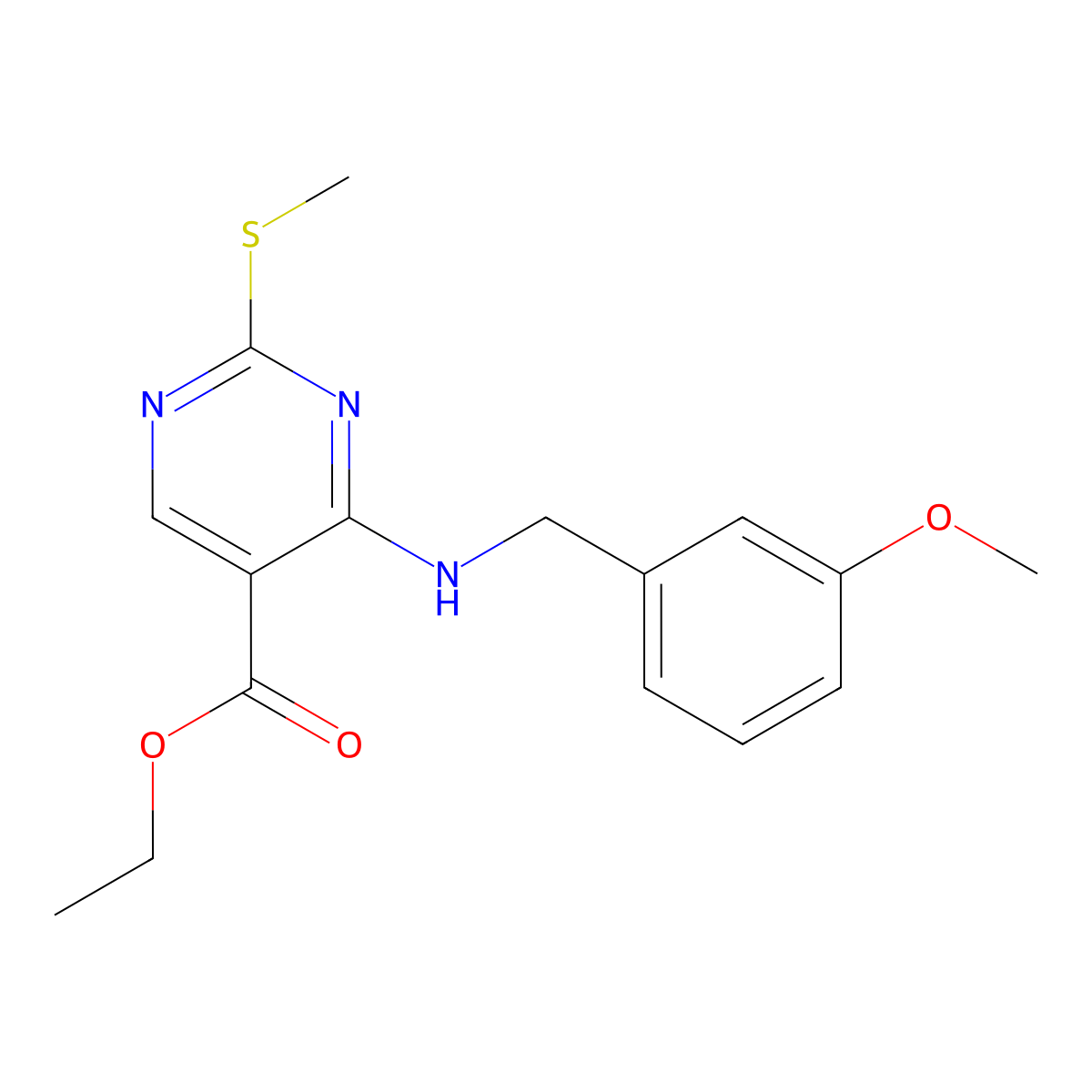 Ethyl 4-[(3-methoxybenzyl)amino]-2-(methylsulfanyl)-5-pyrimidinecarboxylate molecular structure, CAS 723744-26-1