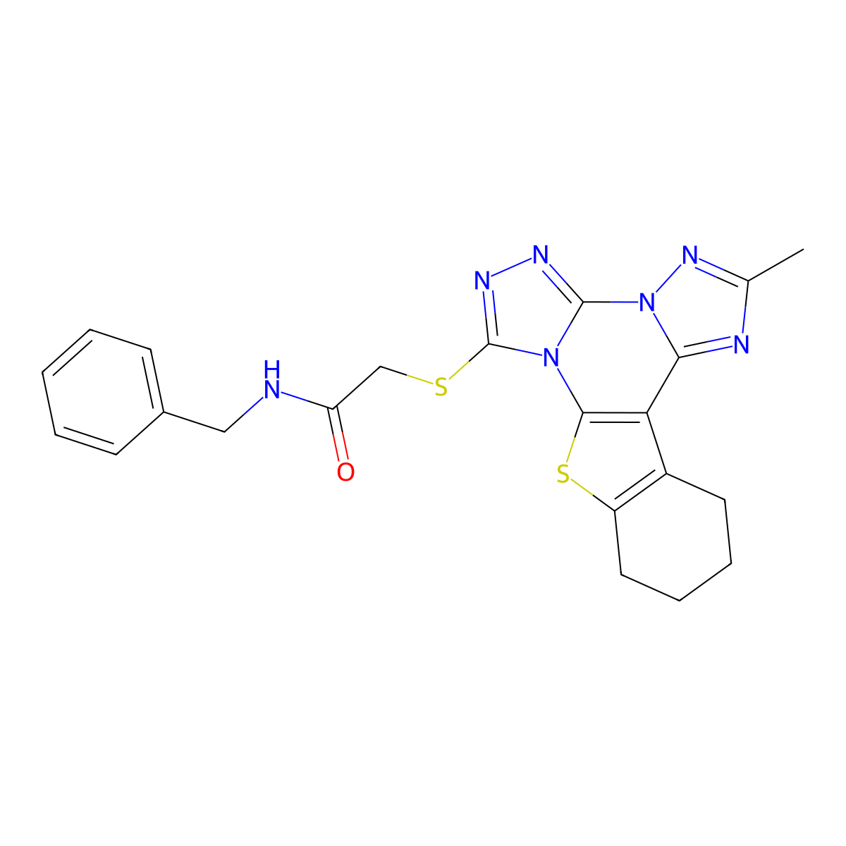 N-benzyl-2-((2-methyl-10,11,12,13-tetrahydrobenzo[4,5]thieno[3,2-e]bis([1,2,4]triazolo)[4,3-a:1',5'-c]pyrimidin-7-yl)thio)acetamide molecular structure, CAS 723747-09-9