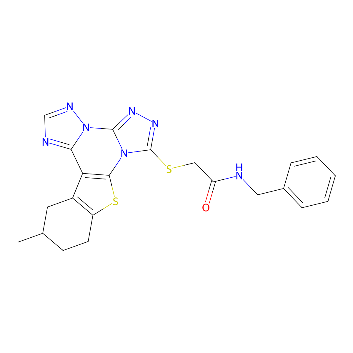 N-benzyl-2-((12-methyl-10,11,12,13-tetrahydrobenzo[4,5]thieno[3,2-e]bis([1,2,4]triazolo)[4,3-a:1',5'-c]pyrimidin-7-yl)thio)acetamide molecular structure, CAS 723747-13-5