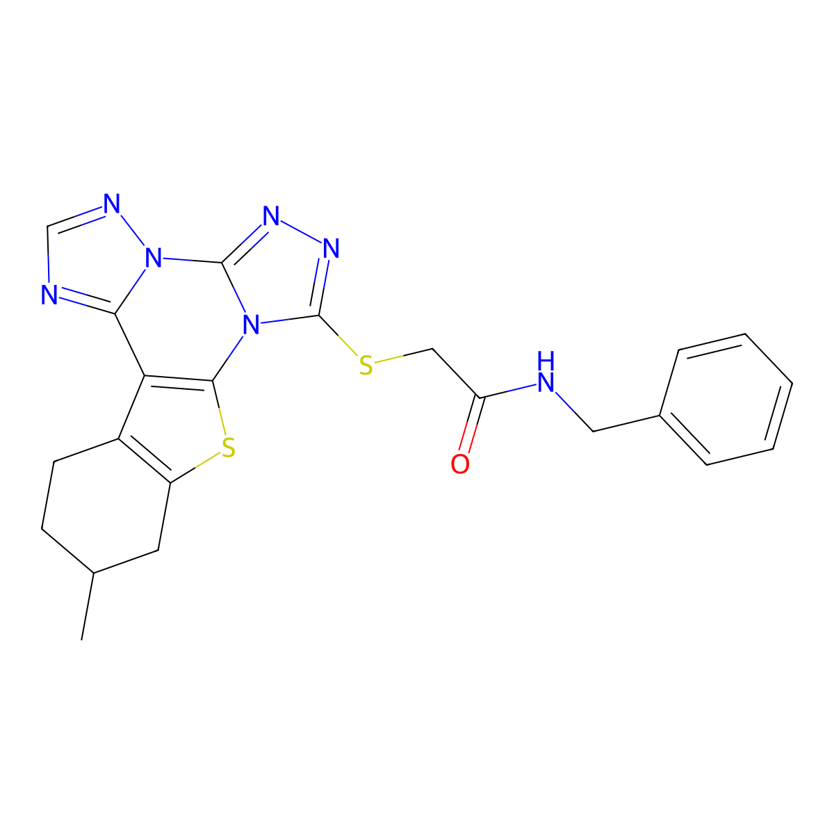 N-benzyl-2-((11-methyl-10,11,12,13-tetrahydrobenzo[4,5]thieno[3,2-e]bis([1,2,4]triazolo)[4,3-a:1',5'-c]pyrimidin-7-yl)thio)acetamide molecular structure, CAS 723747-19-1